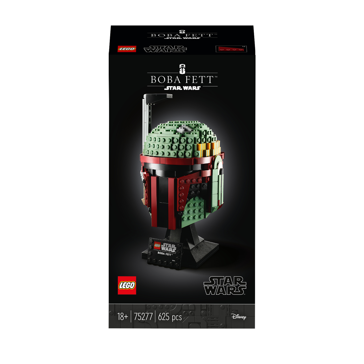 Kask LEGO Boba Fett na czarnym stojaku, z czarnym tłem. Pudełko jest widoczne.