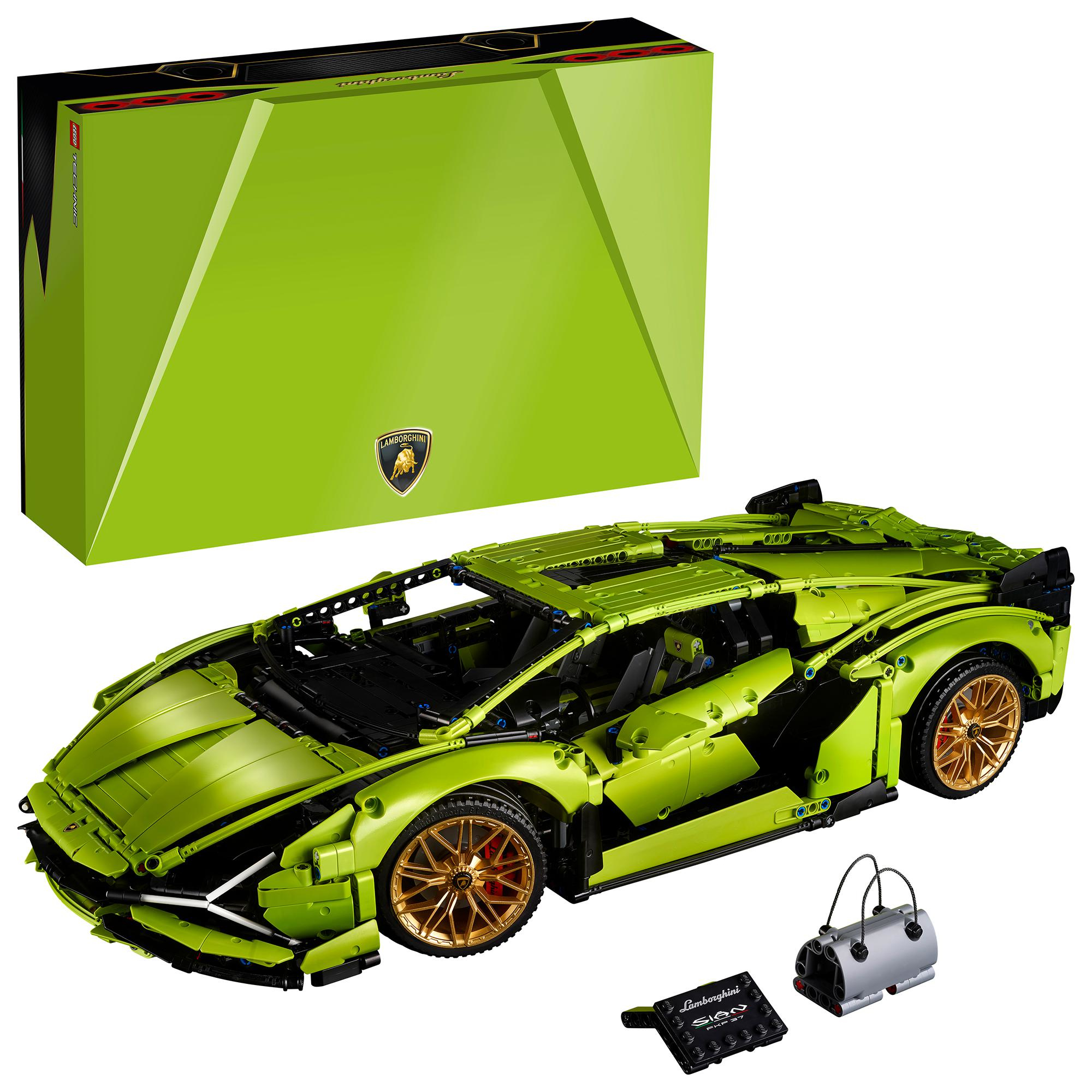 Zielony model samochodu Lamborghini Lego z pudełkiem i akcesoriami.
