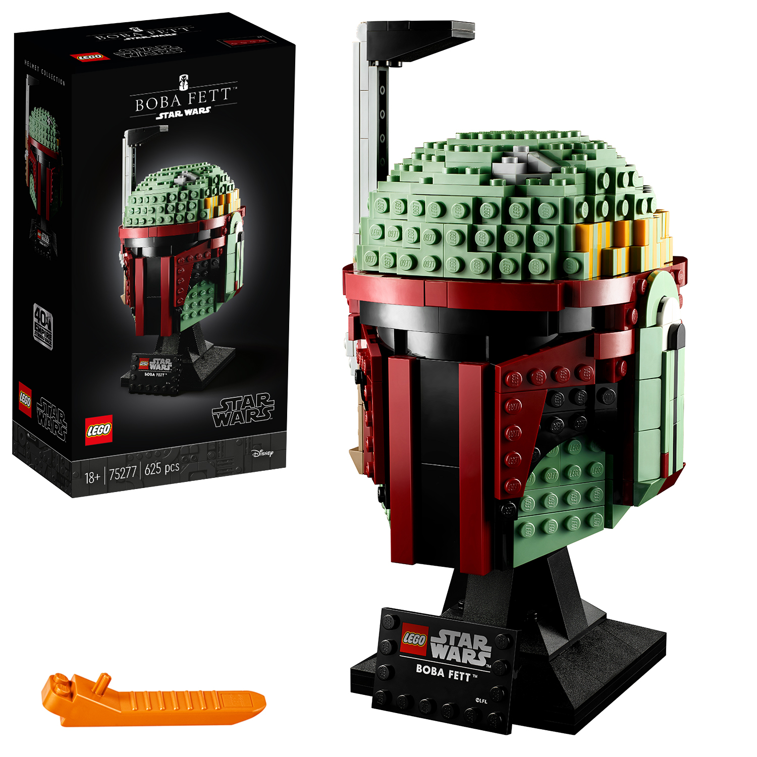 Model hełmu Lego Star Wars Boba Fett na czarnej podstawie i pudełku.