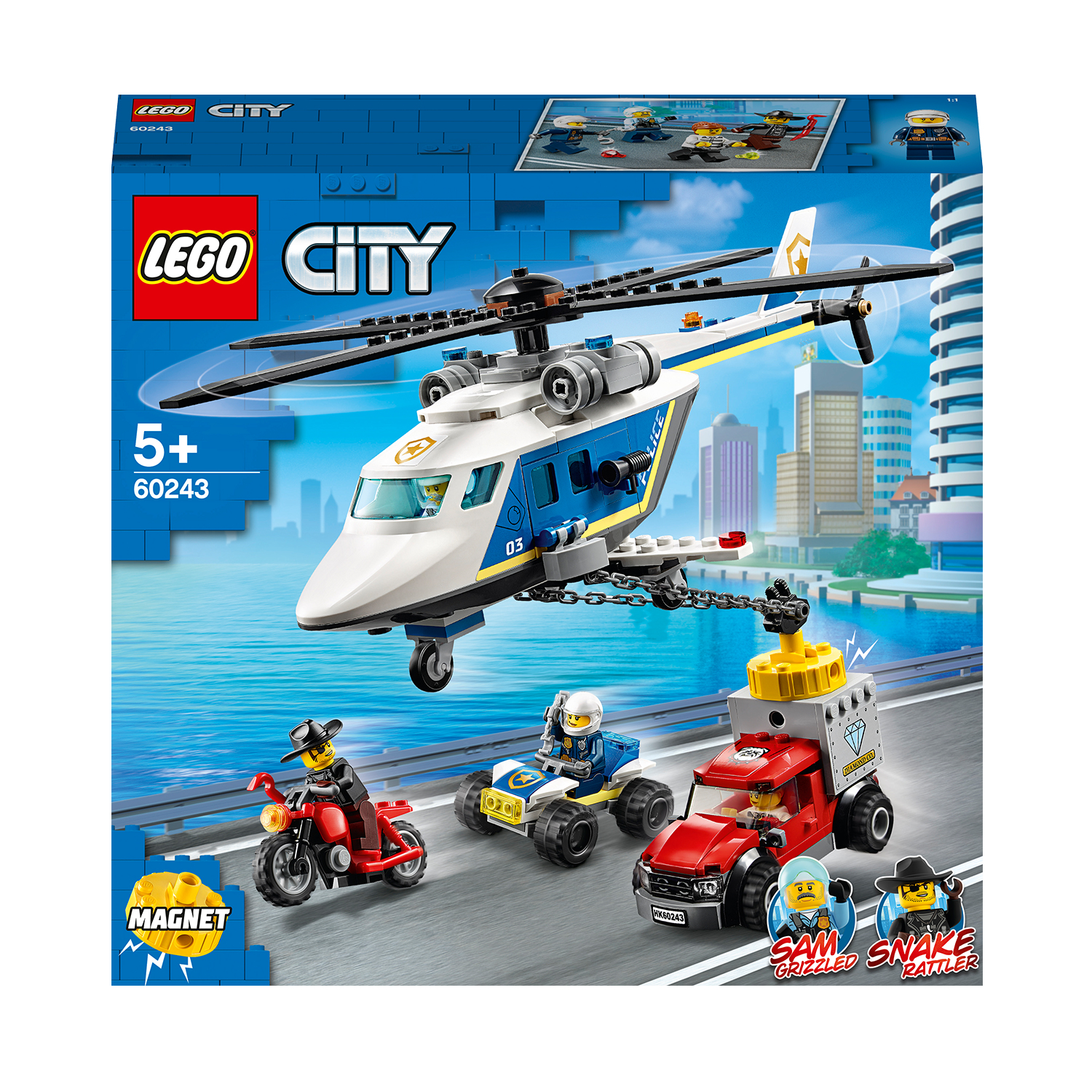 Lego City helikopter en voertuigen set. Inclusief politie, motor en vluchtauto.