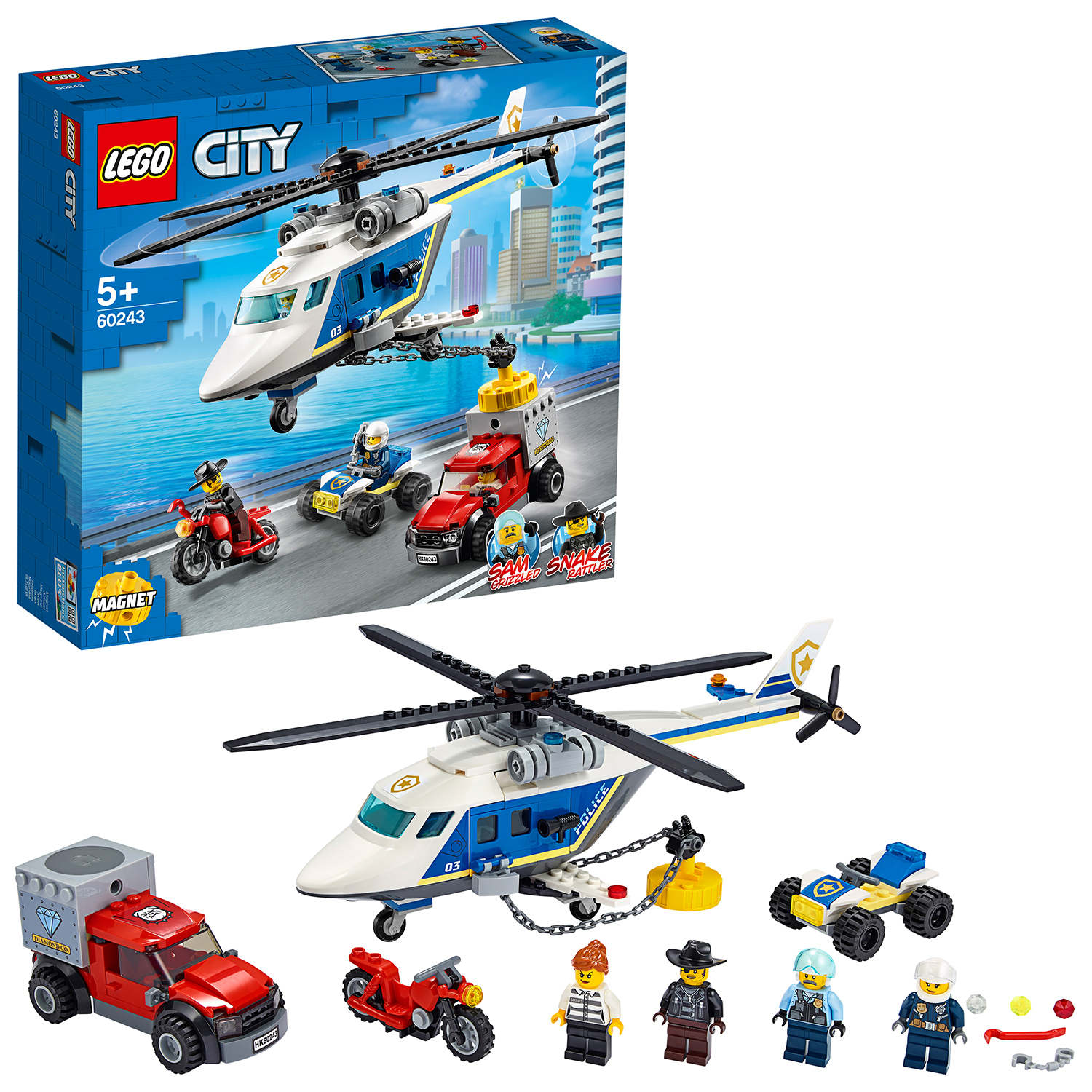 LEGO City politie set met helikopter, vrachtwagen en minifiguren. Inclusief helikopter, voertuigen en criminelen.