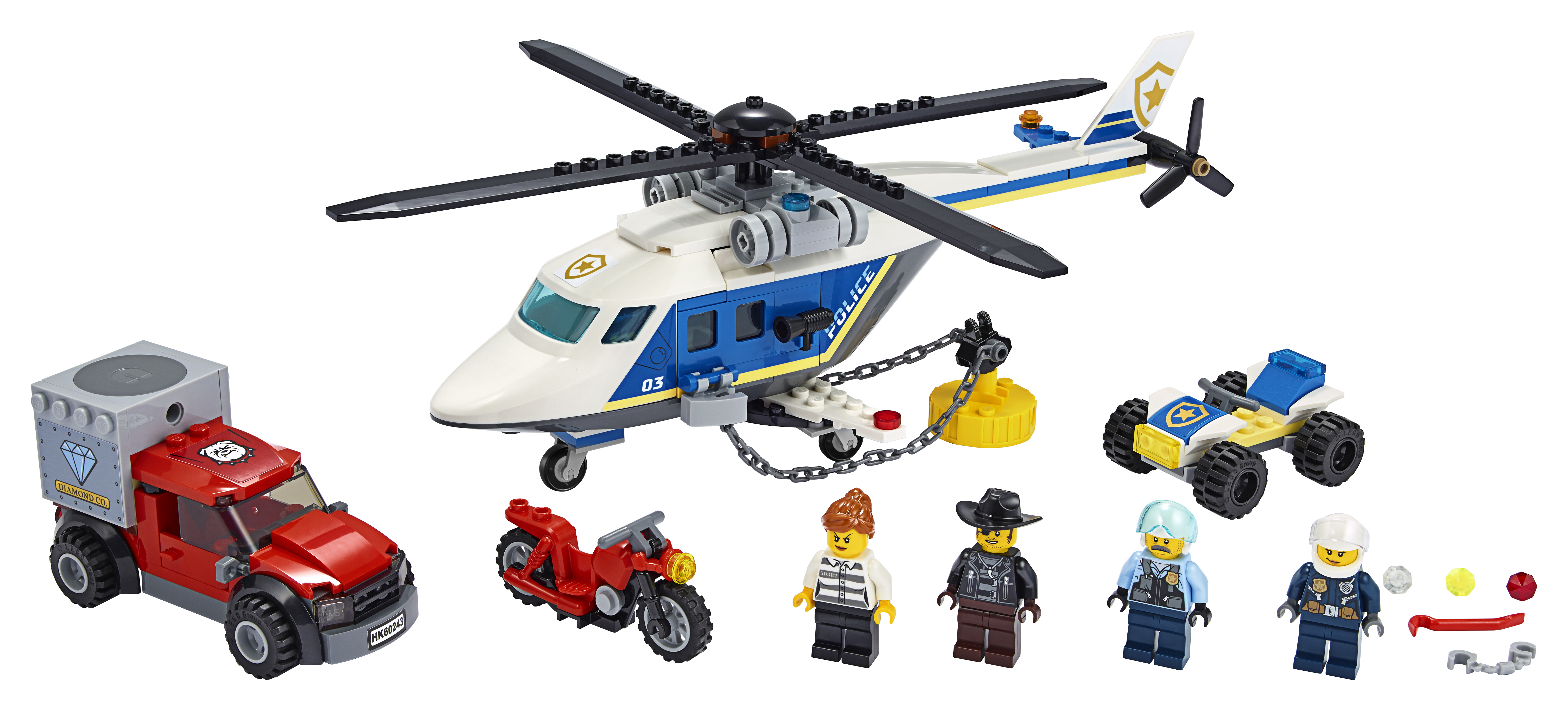 Lego City set met een politiehelikopter, vrachtwagen, motor, ATV en minifiguren van politie en rovers.