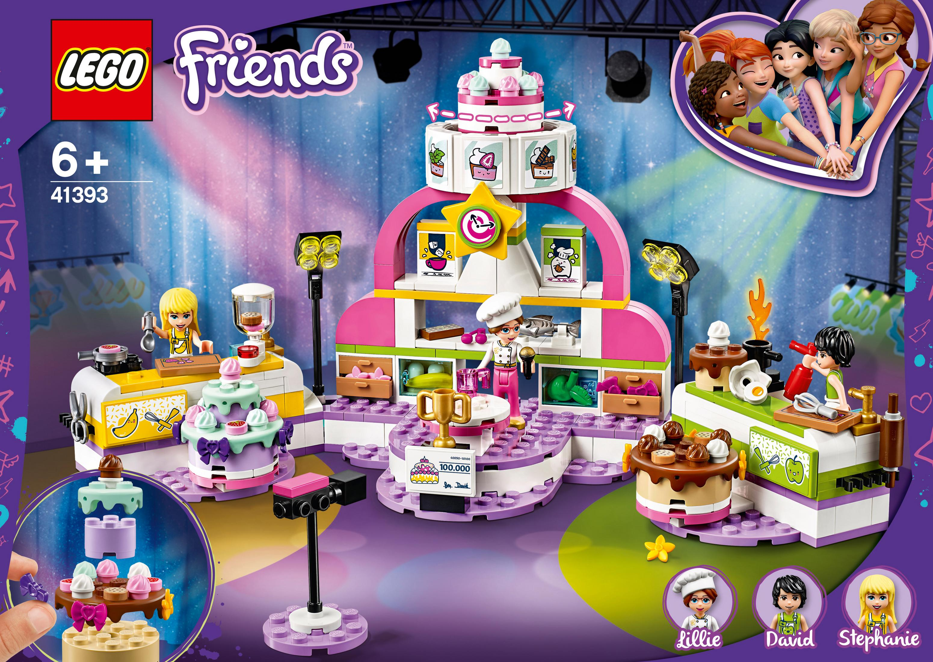 LEGO Friends Set mit einer Bühne, mehreren Tischen mit Kuchen und Minifiguren von Mädchen.