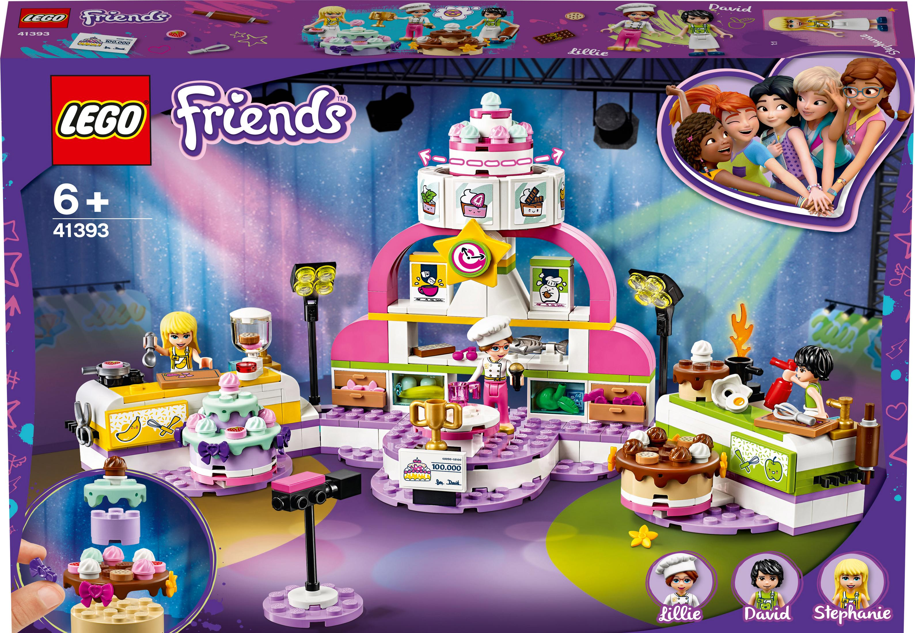 LEGO Friends Set mit einer Bühne, Kuchen und Minifiguren. Enthält einen Aufführungsbereich mit mehreren Elementen.