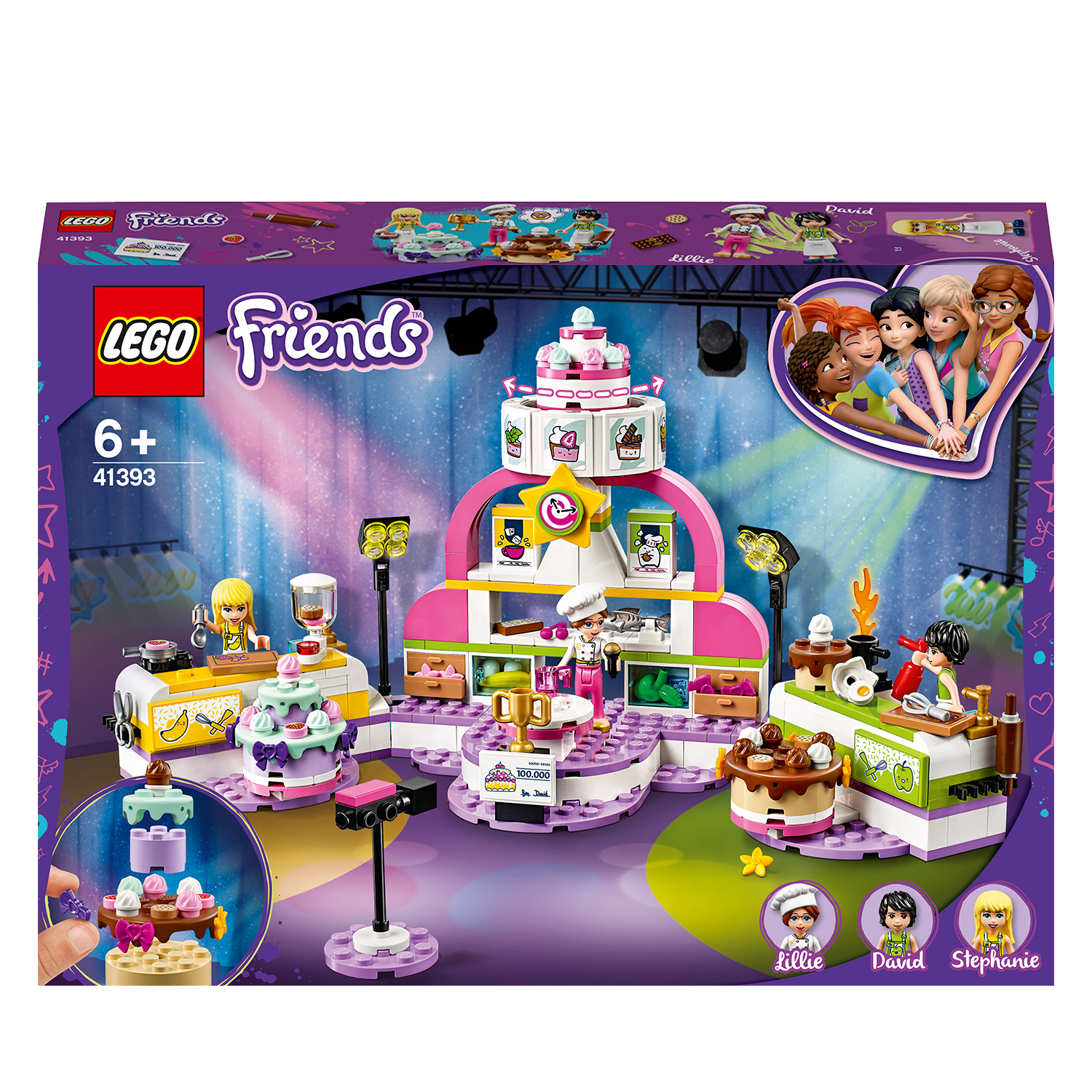 Lego Friends Set mit einem Kuchenwettbewerb. Enthält mehrere Minifiguren und eine Bühne.