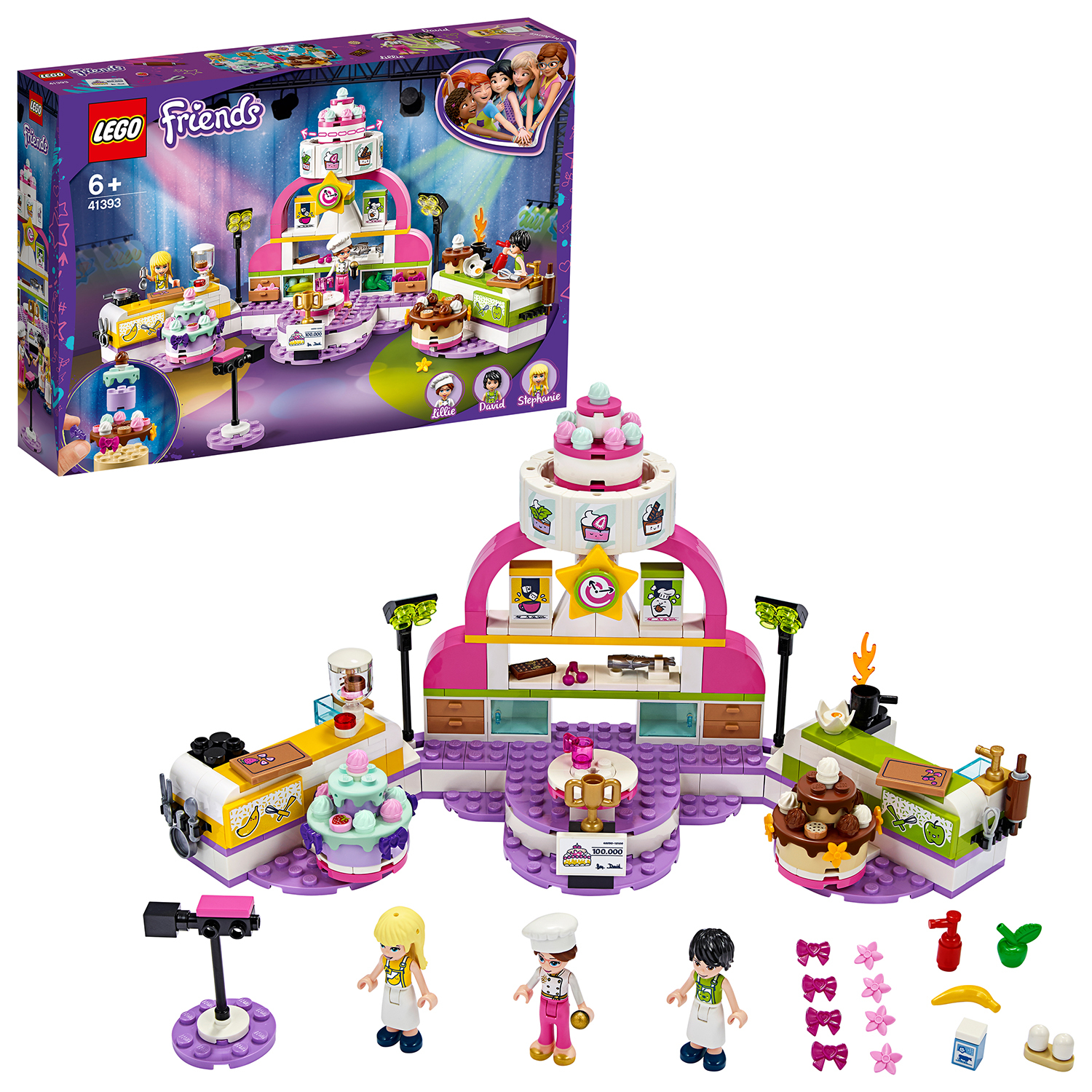 LEGO Friends Set mit einer Kuchenwettbewerbszene. Enthält Figuren, Kuchen und Bühne.