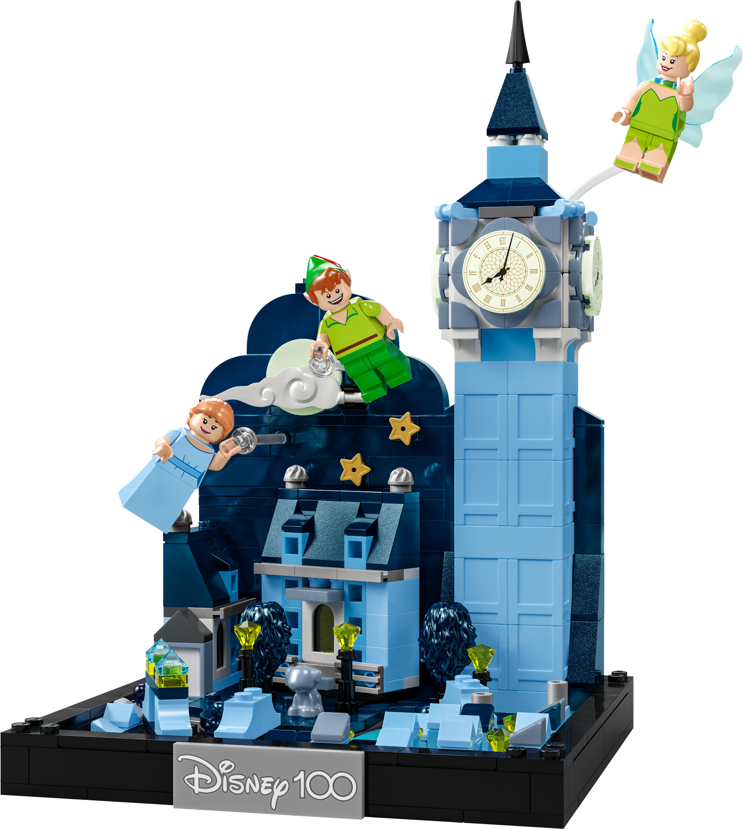 LEGO set van een Peter Pan scène met Big Ben, een gebouw en Tinkerbell die vliegt.