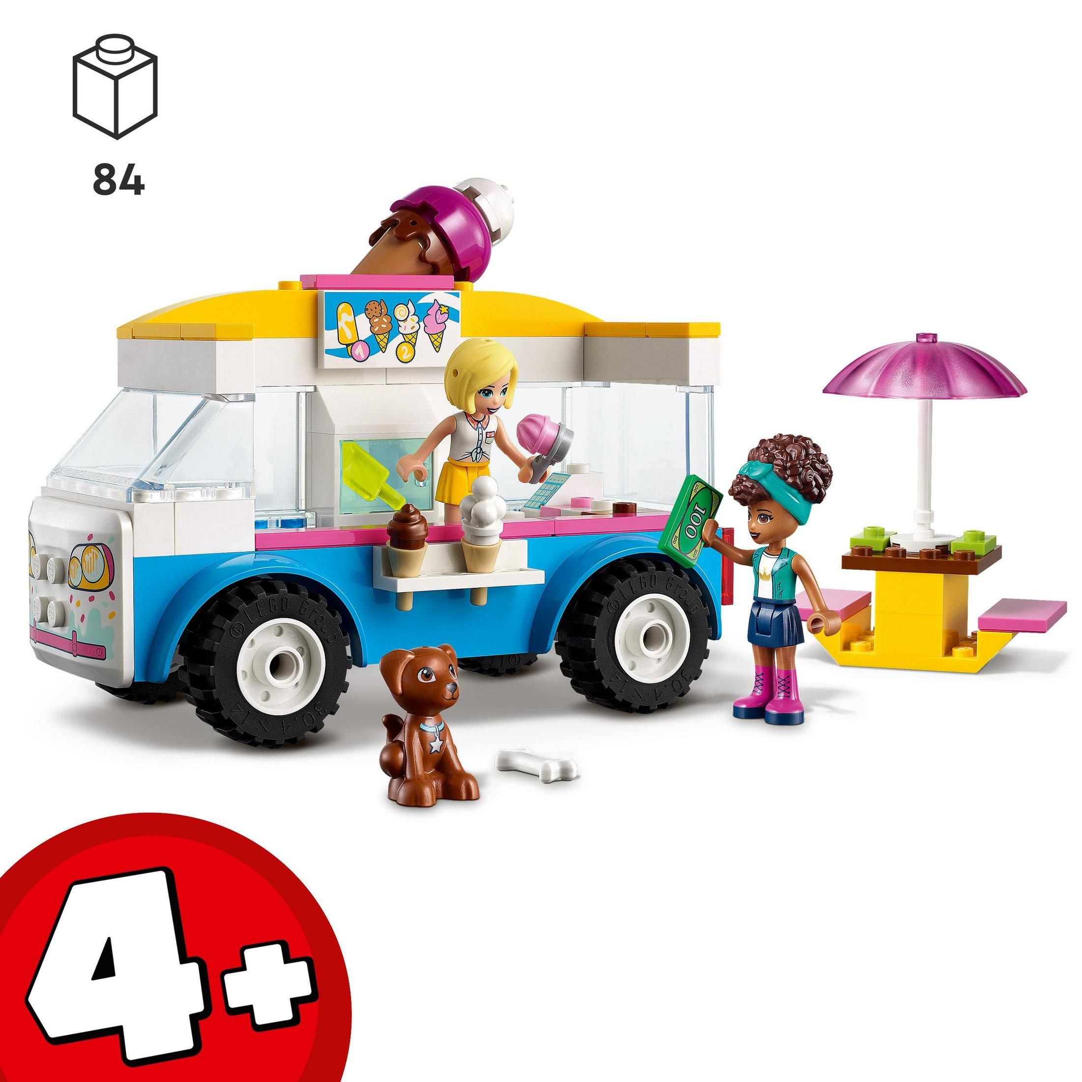 LEGO Friends Set mit Eiswagen, zwei Figuren, einem Hund und einem Sonnenschirmtisch.