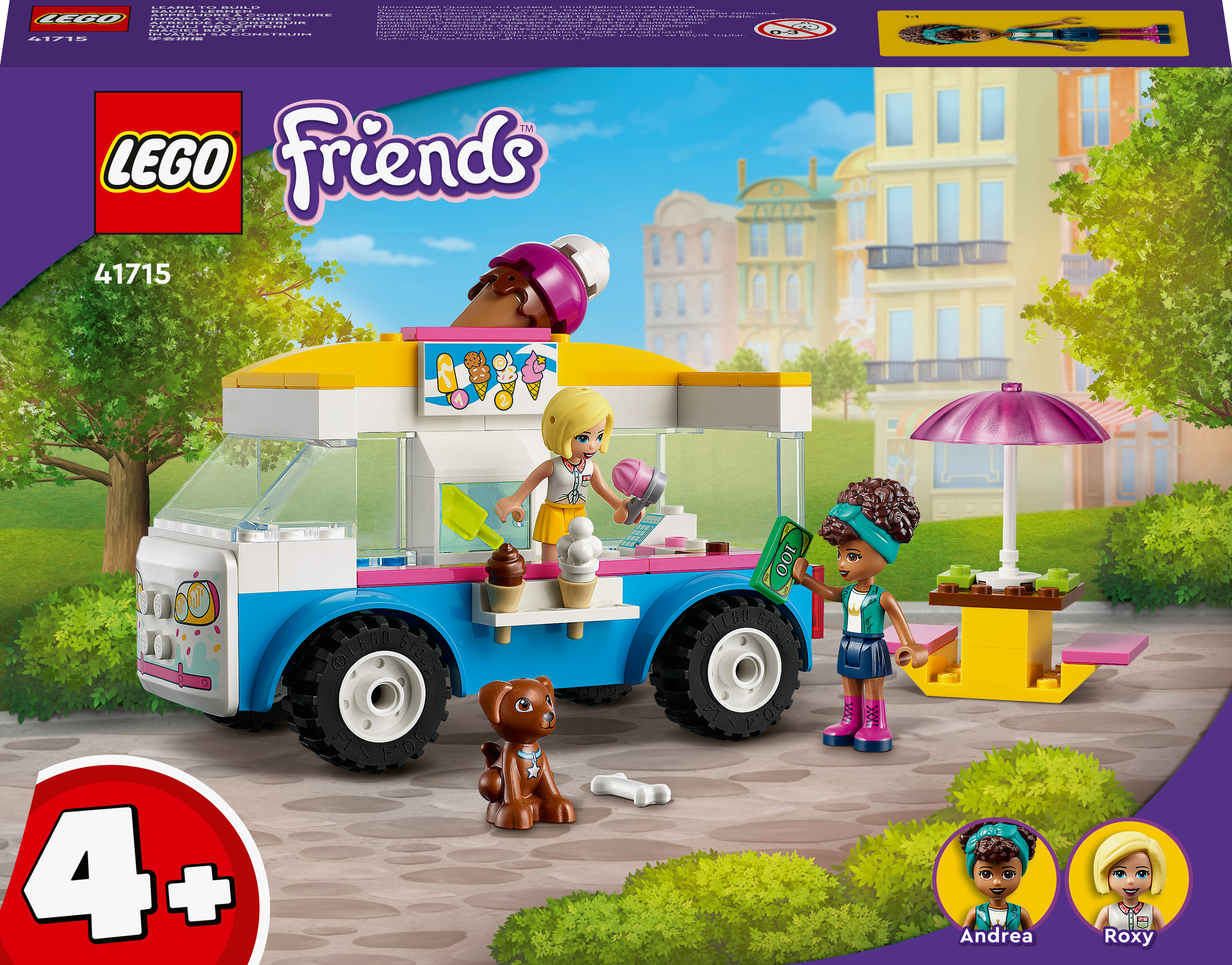 Lego Friends Eiswagen mit Figuren, Hund und Zubehör in einer Parkumgebung.