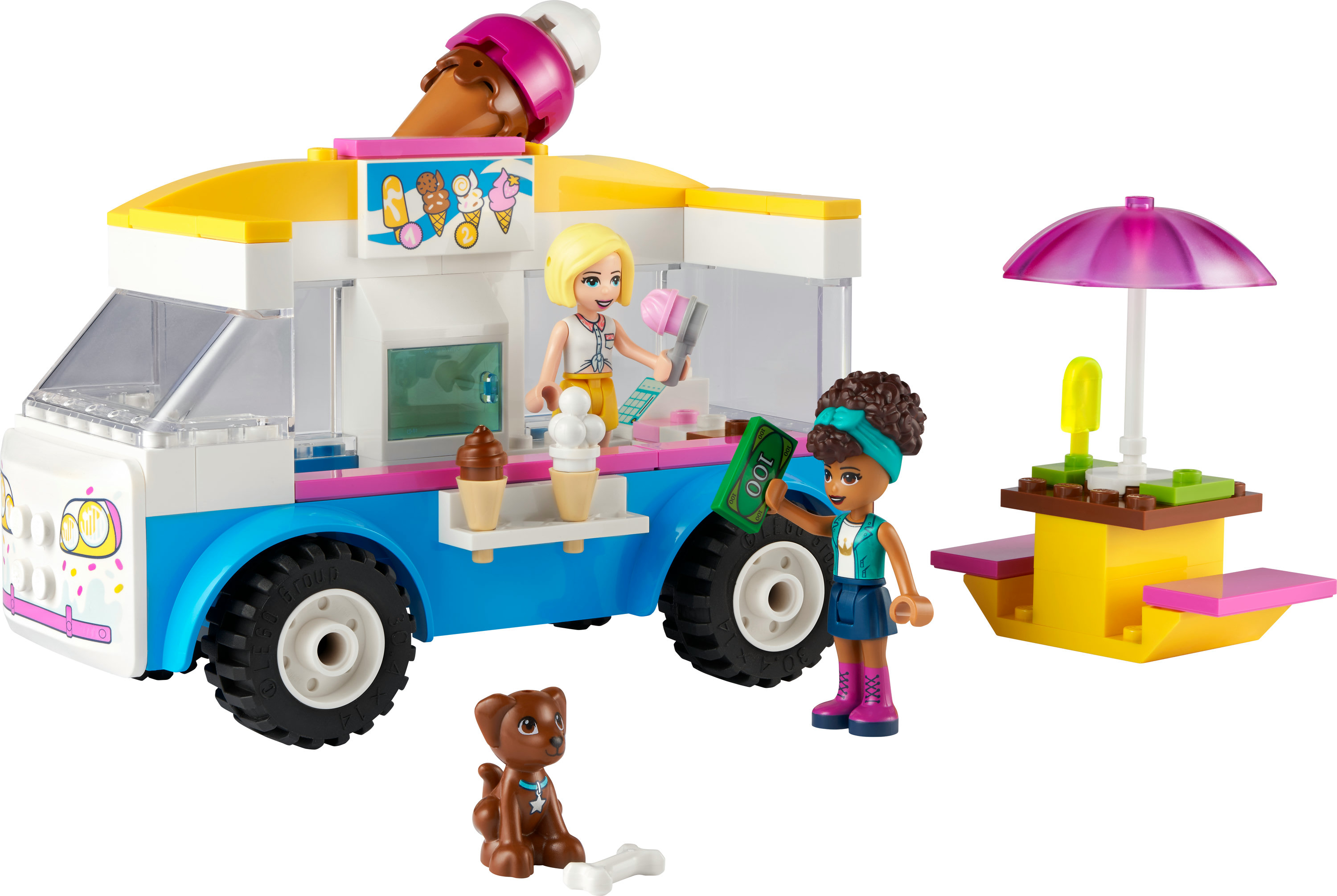Ein Lego Friends Eiswagen-Set mit Figuren und Zubehör.