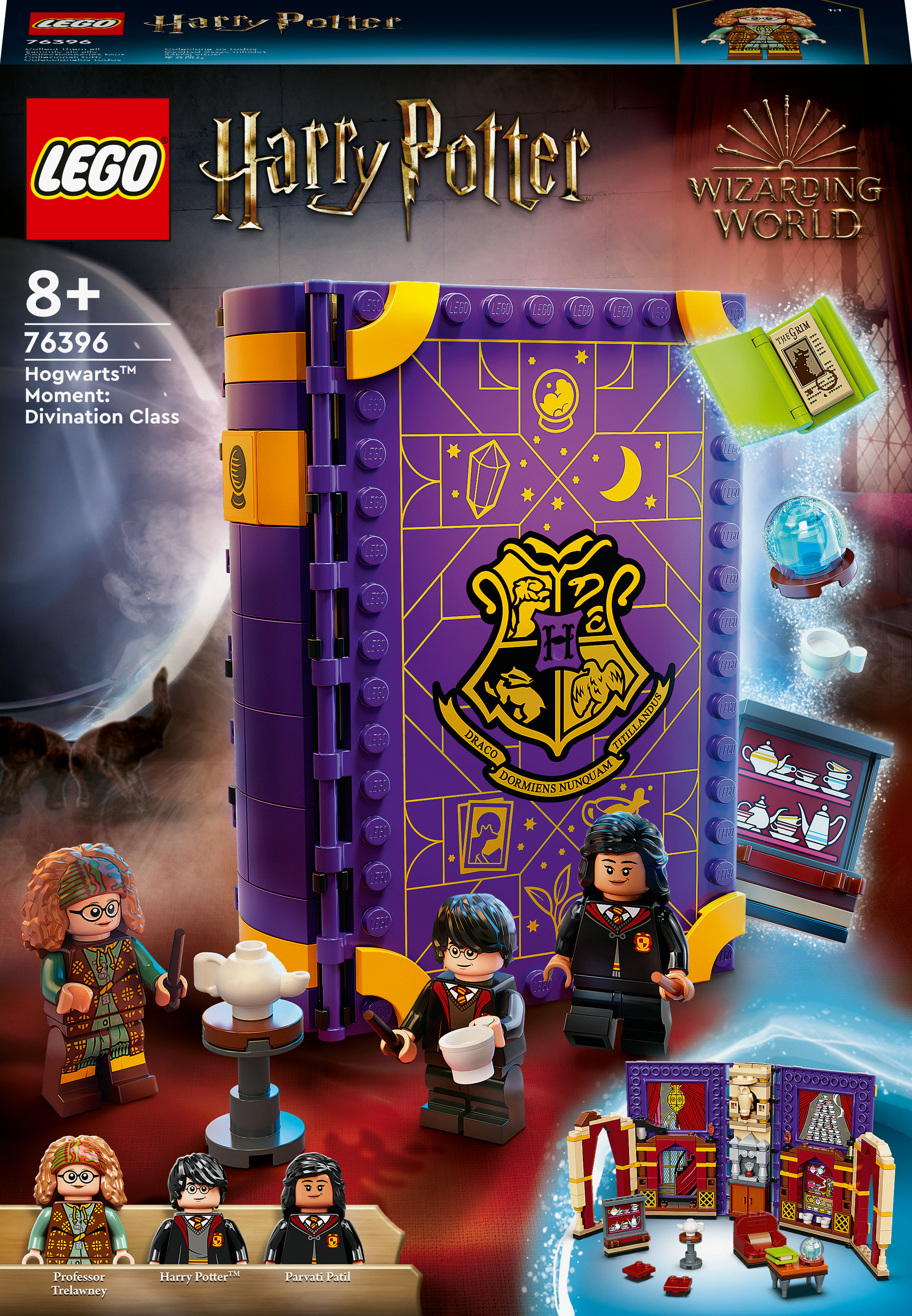 Lego Harry Potter Hogwarts Set. Enthält ein Buch, Figuren und eine Innenszene. Box zeigt Inhalt und Charaktere.