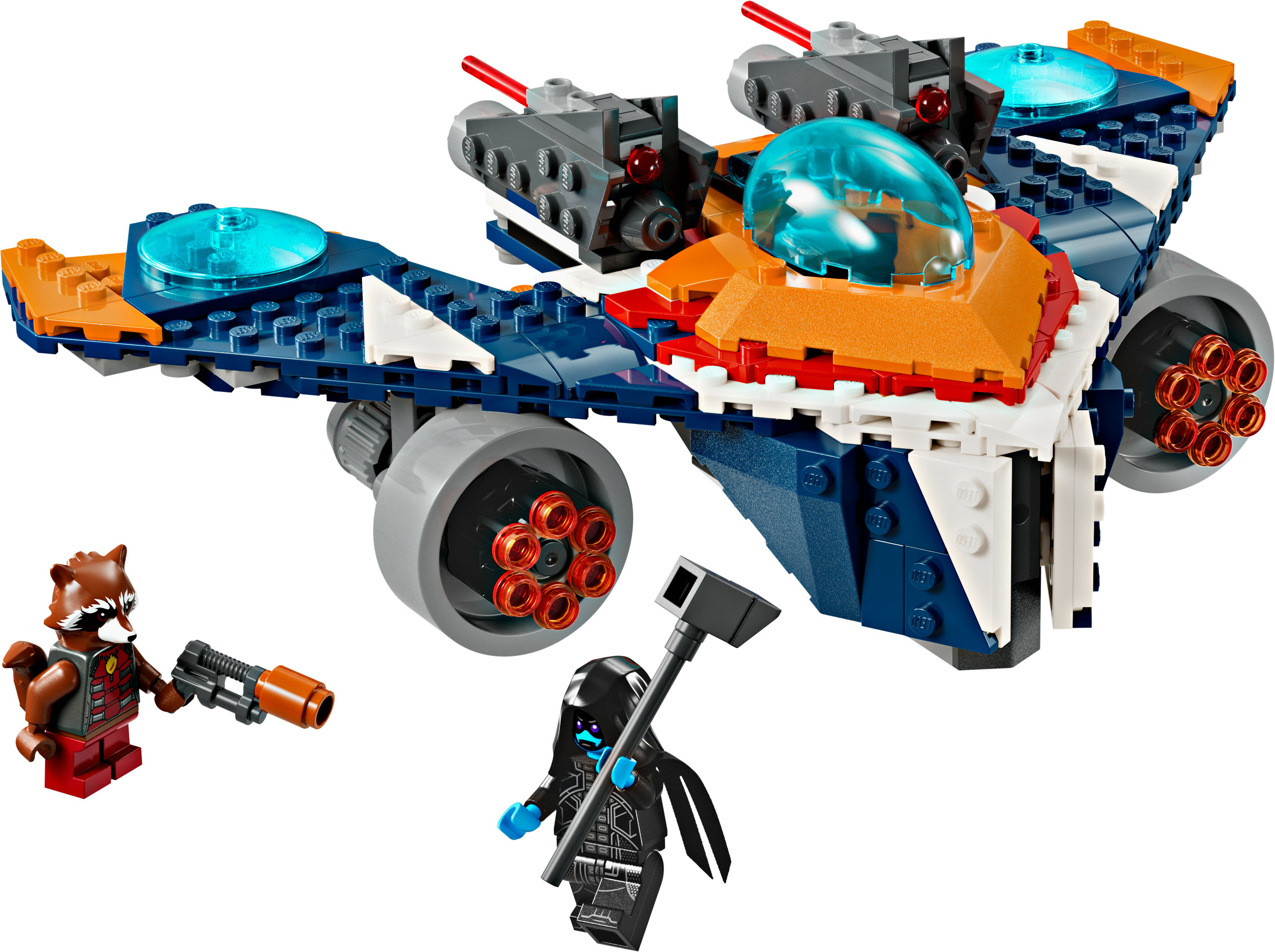 Rocket Raccoon ve başka bir figürle Lego uzay gemisi. Gemi mavi, turuncu ve gri, iki figürlü.