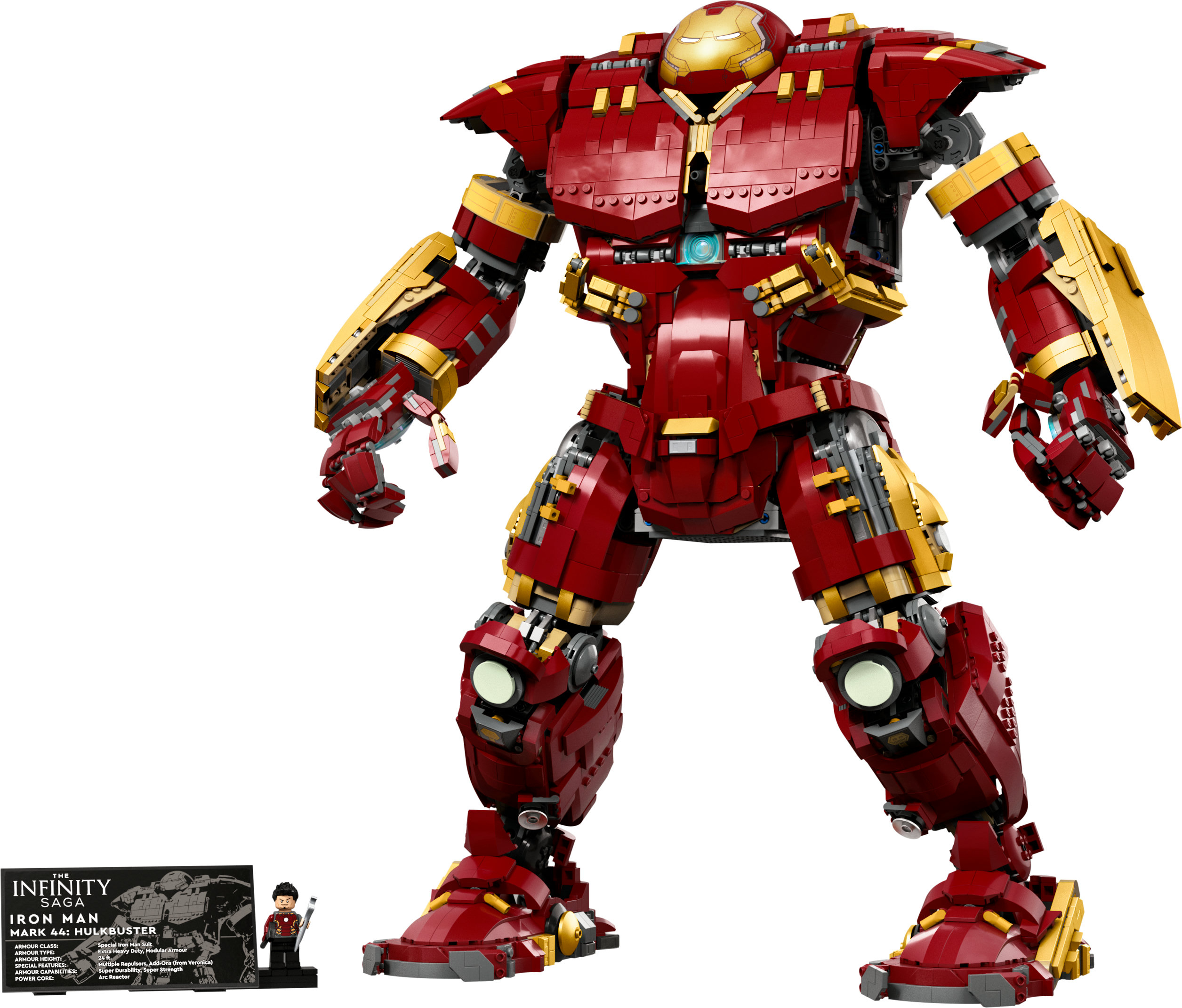 Lego Iron Man Hulkbuster. Duży czerwono-złoty robot z małą figurką Iron Mana.