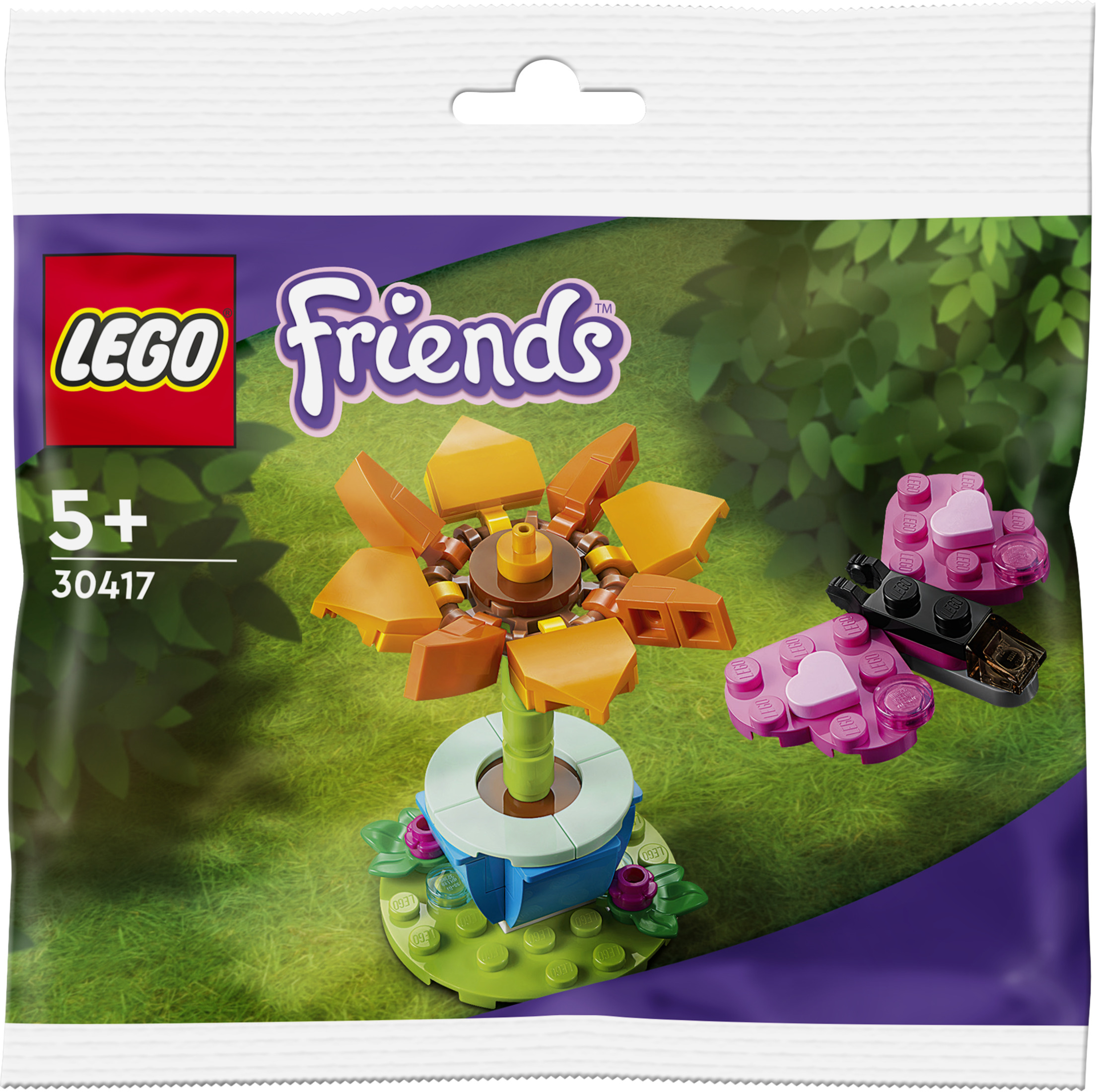 Zestaw kwiatów Lego Friends. Zestaw pokazuje kwiat, motyla i doniczkę.