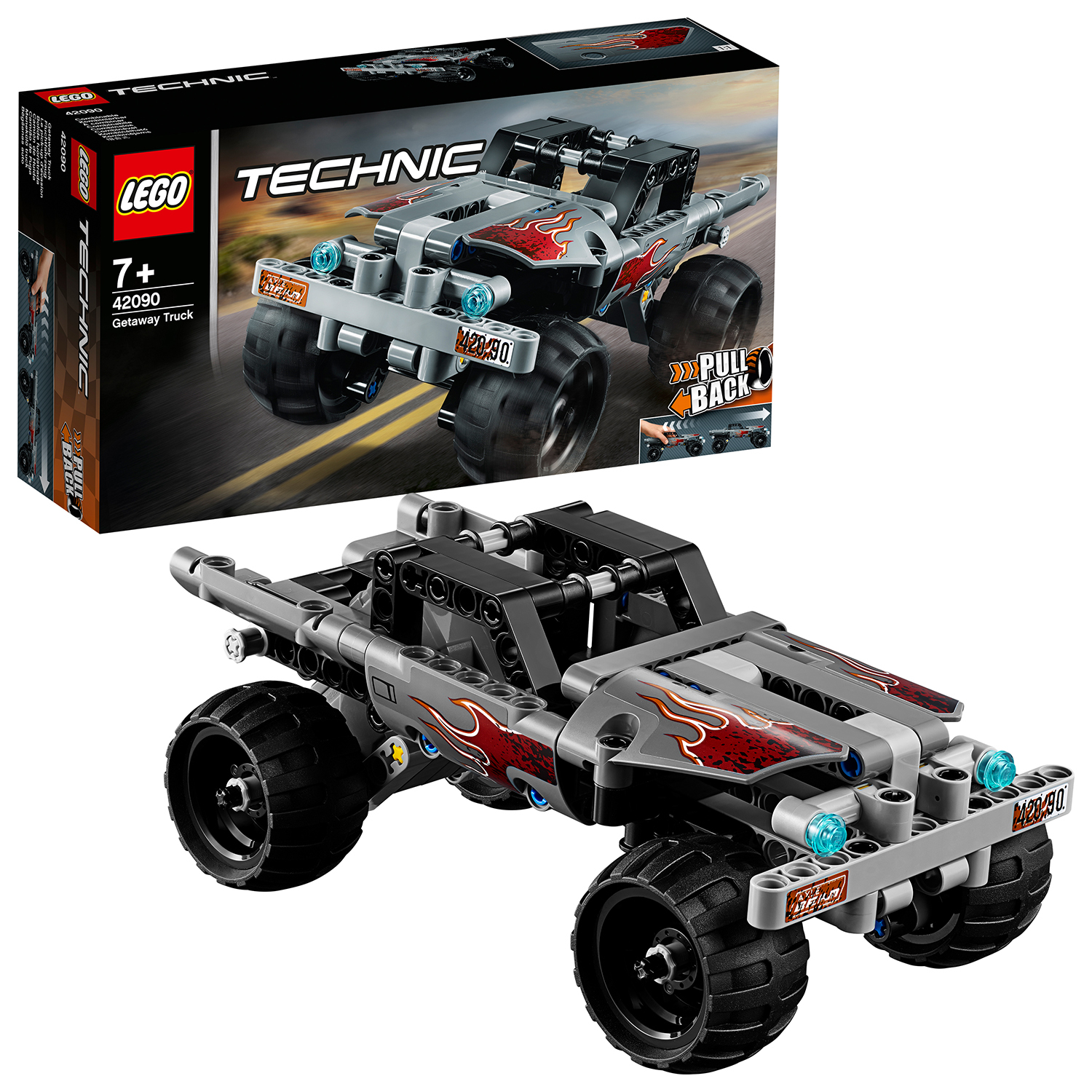 Model Lego Technic Getaway Truck w kolorze szarym z czerwonymi płomieniami i pudełkiem.