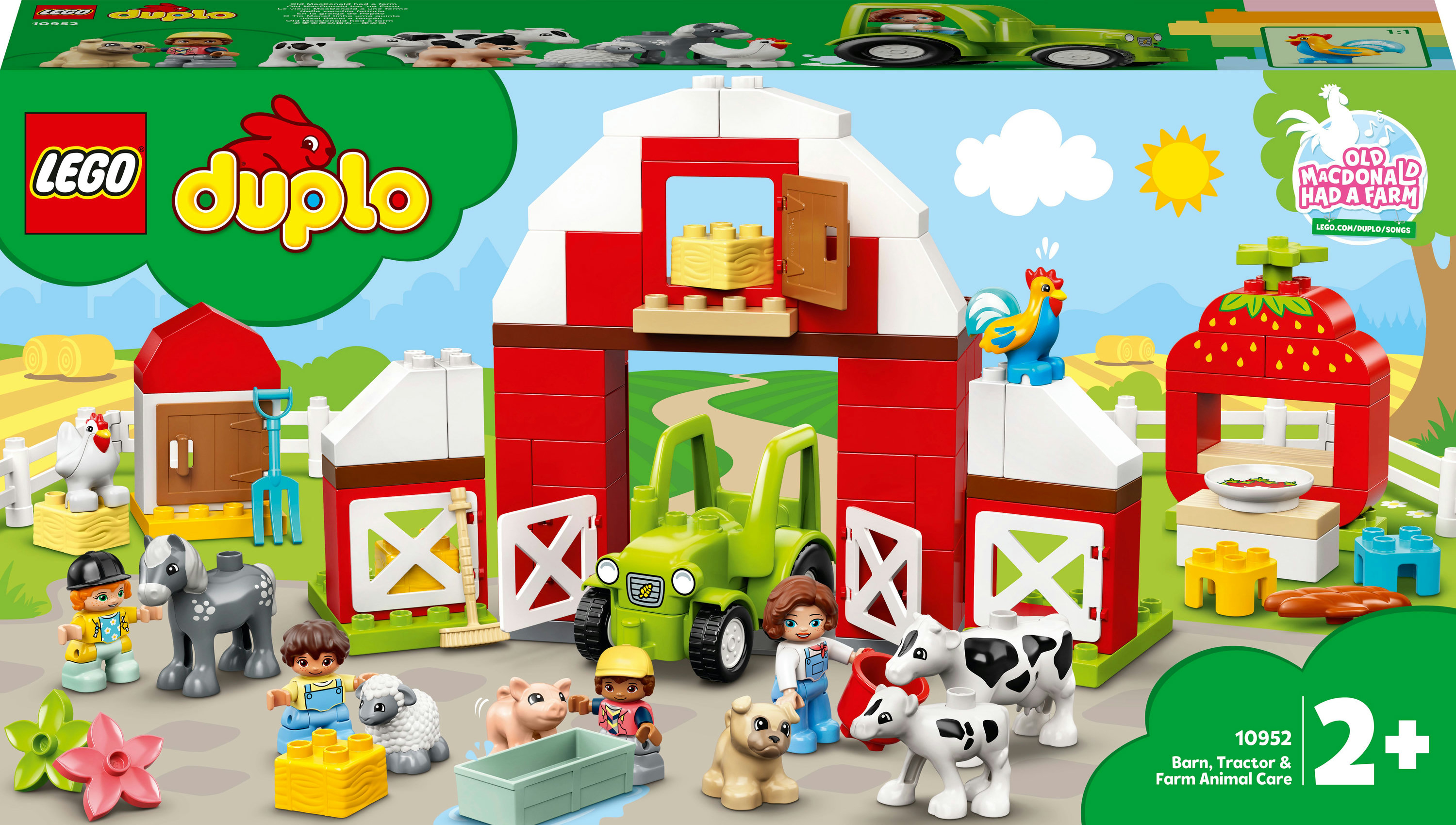 Lego Duplo Set: Scheune mit Traktor, Tieren und Figuren in Szene.