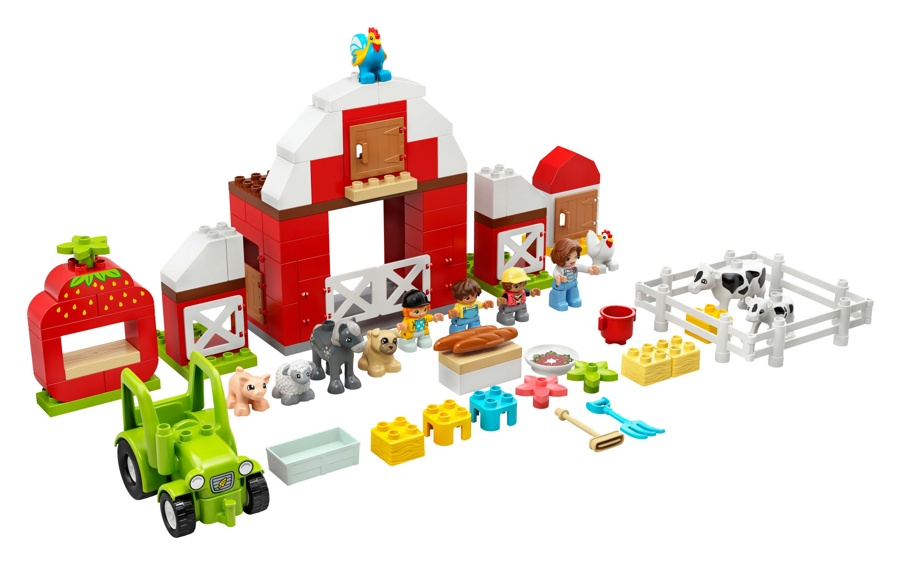 Lego Duplo Set: Bauernhofszene mit Traktor, Tieren und Figuren.