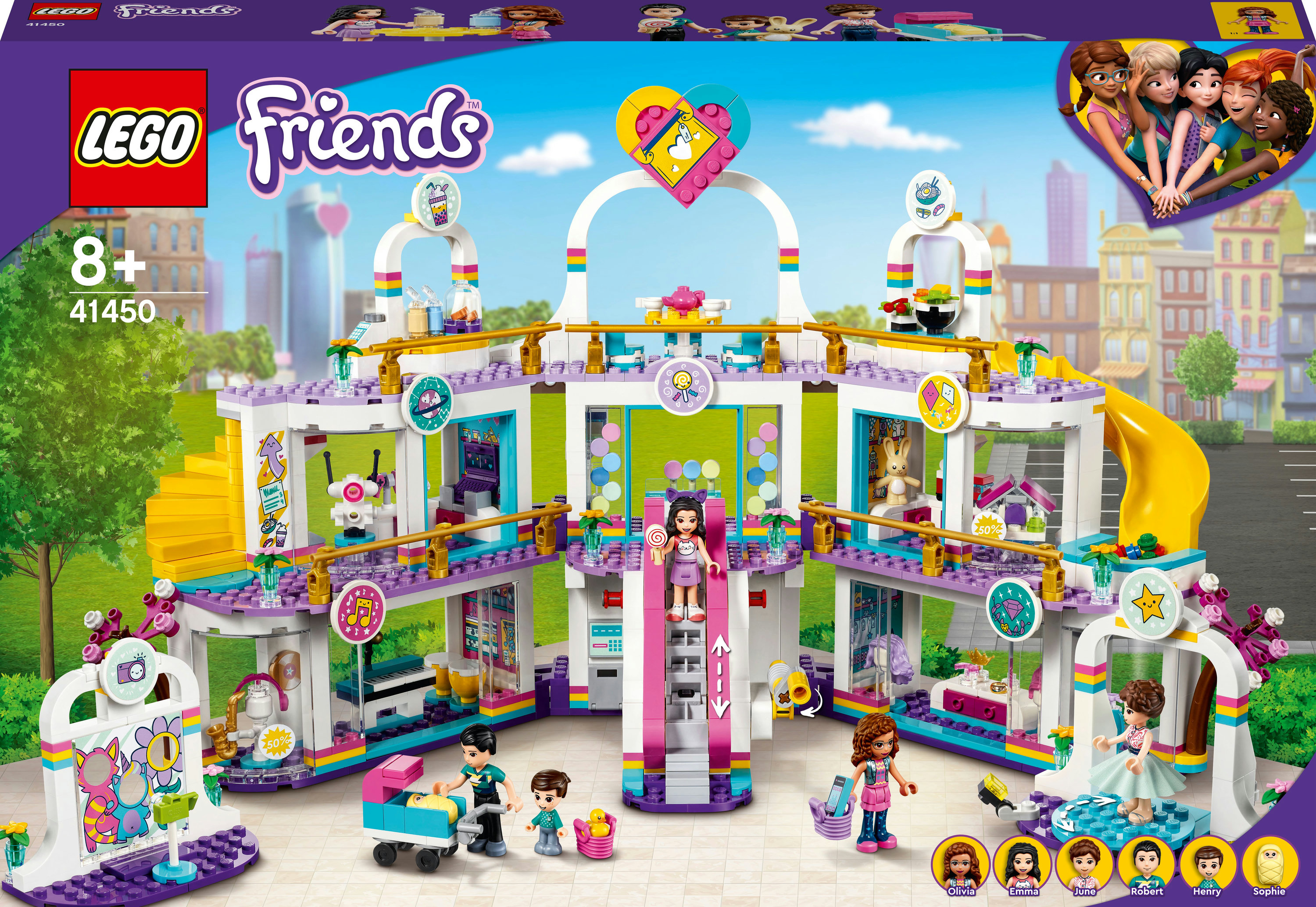 Ein Lego Friends Set zeigt ein modernes Gebäude mit Rutsche, Riesenrad und mehreren Figuren.