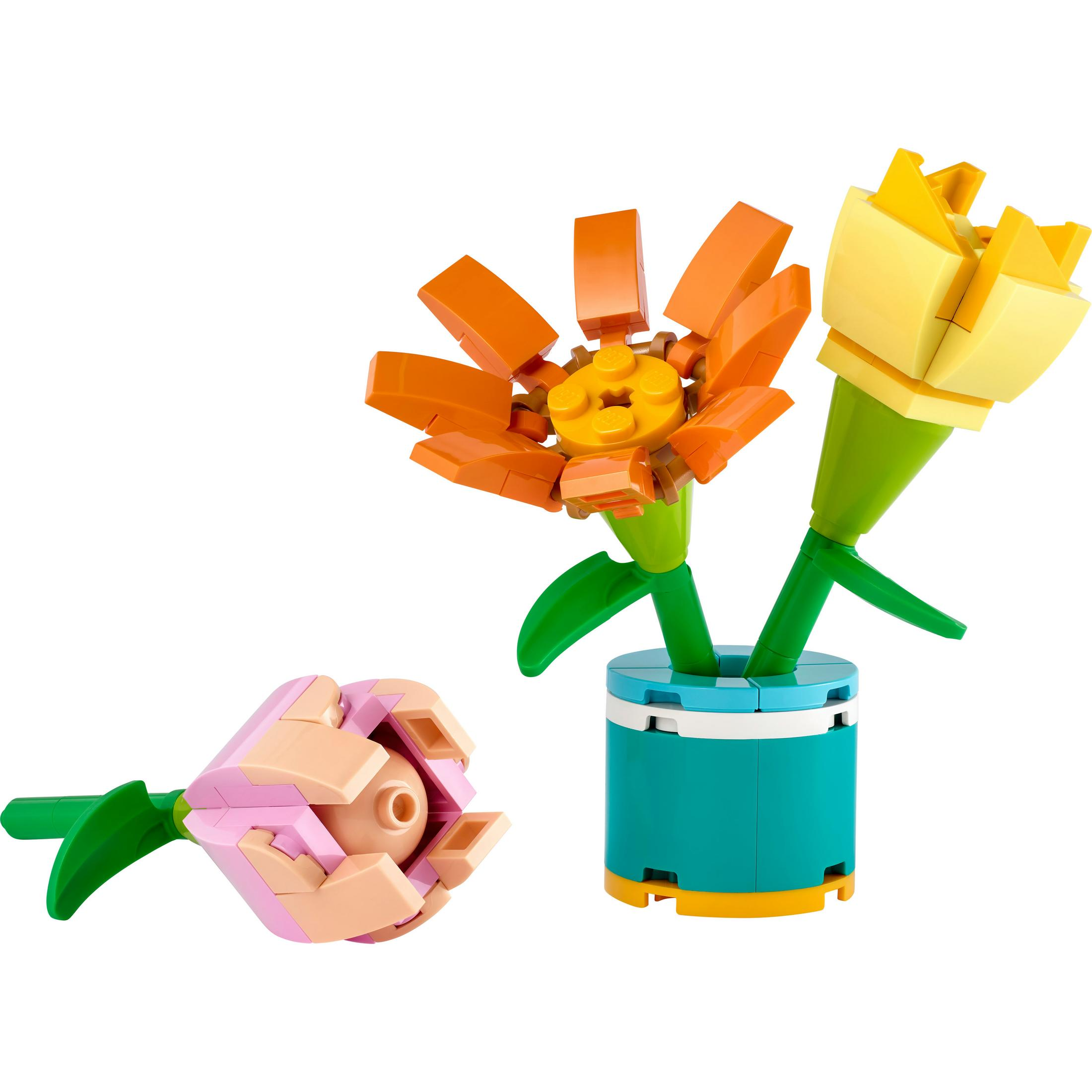 Fiori LEGO in vaso turchese, un fiore rosa. Sfondo bianco.