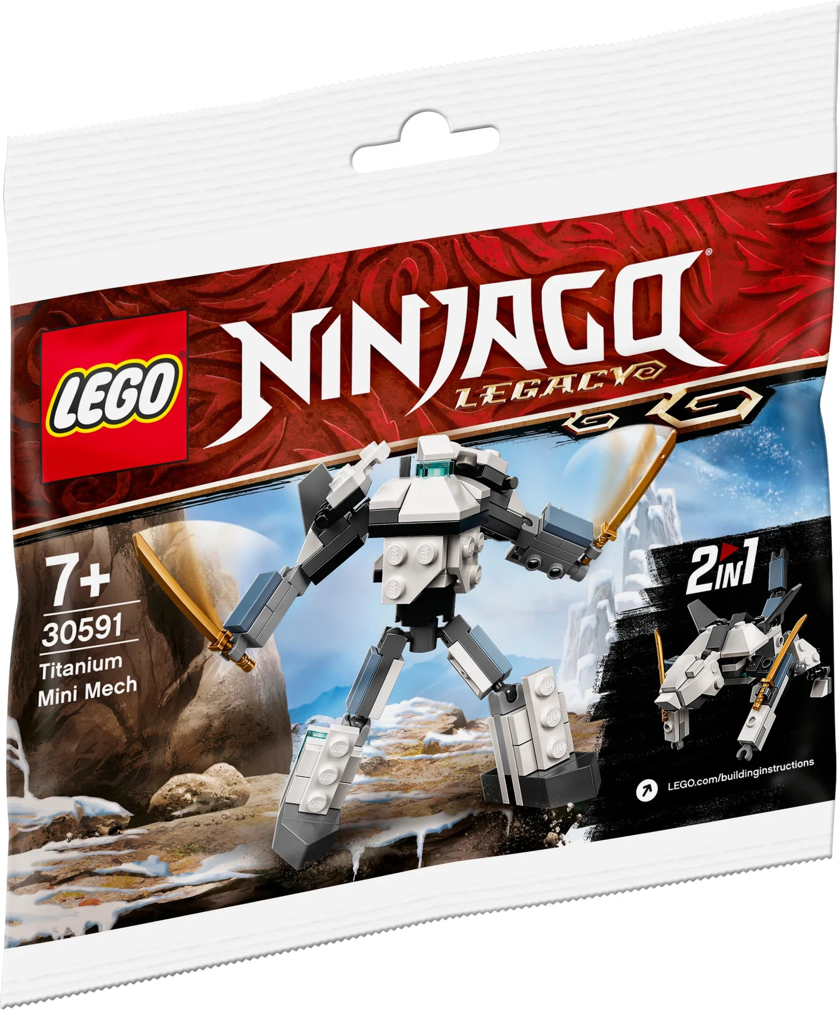 Zestaw Lego Ninjago Legacy Titanium Mini Mech w opakowaniu. Pokazuje mecha i inną konstrukcję, 2 w 1.
