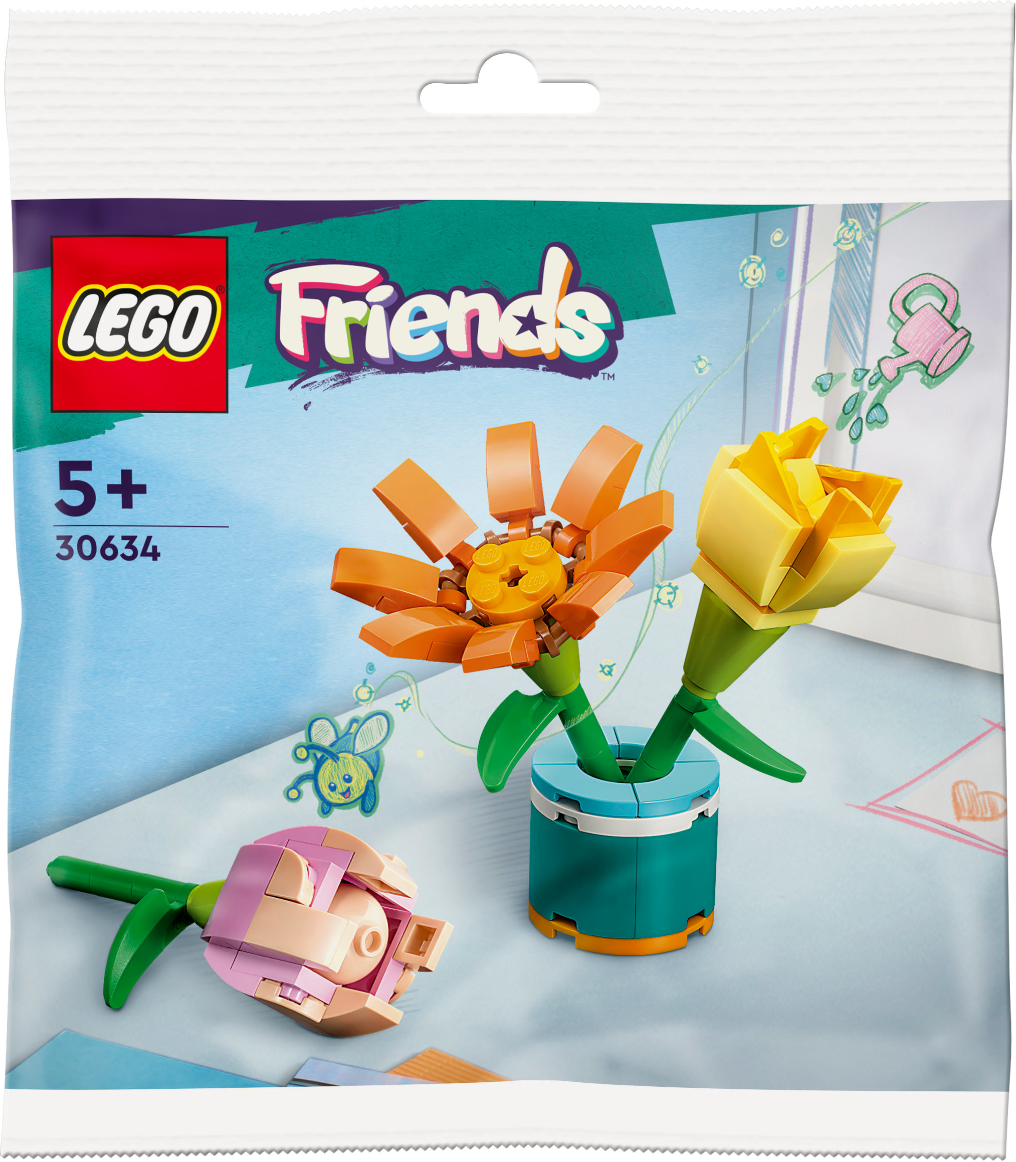 Set di fiori LEGO Friends in un sacchetto. Ci sono tre fiori: un girasole, un tulipano e una rosa.