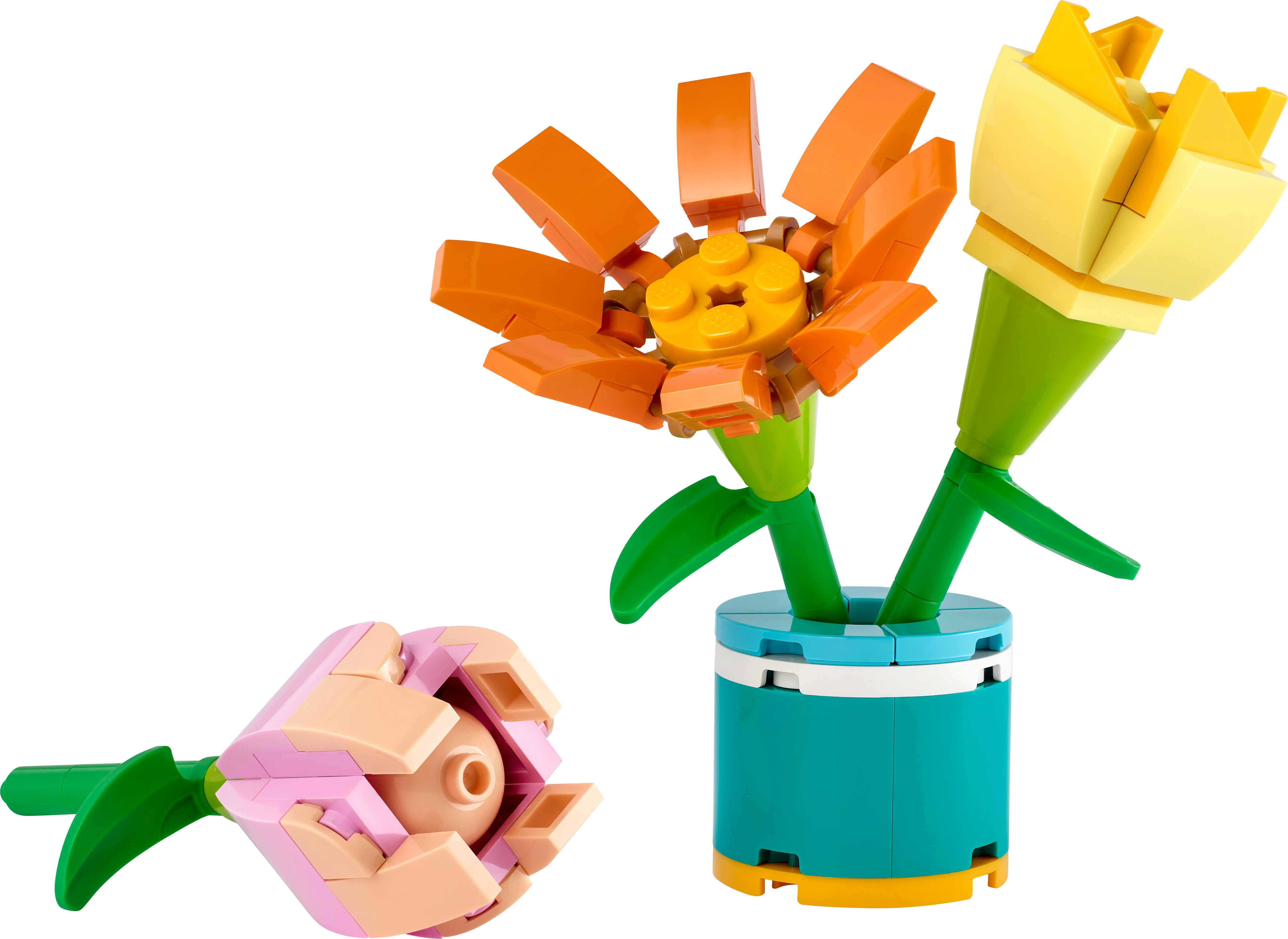 Set fiori Lego con fiori arancioni, gialli e rosa in un vaso turchese.