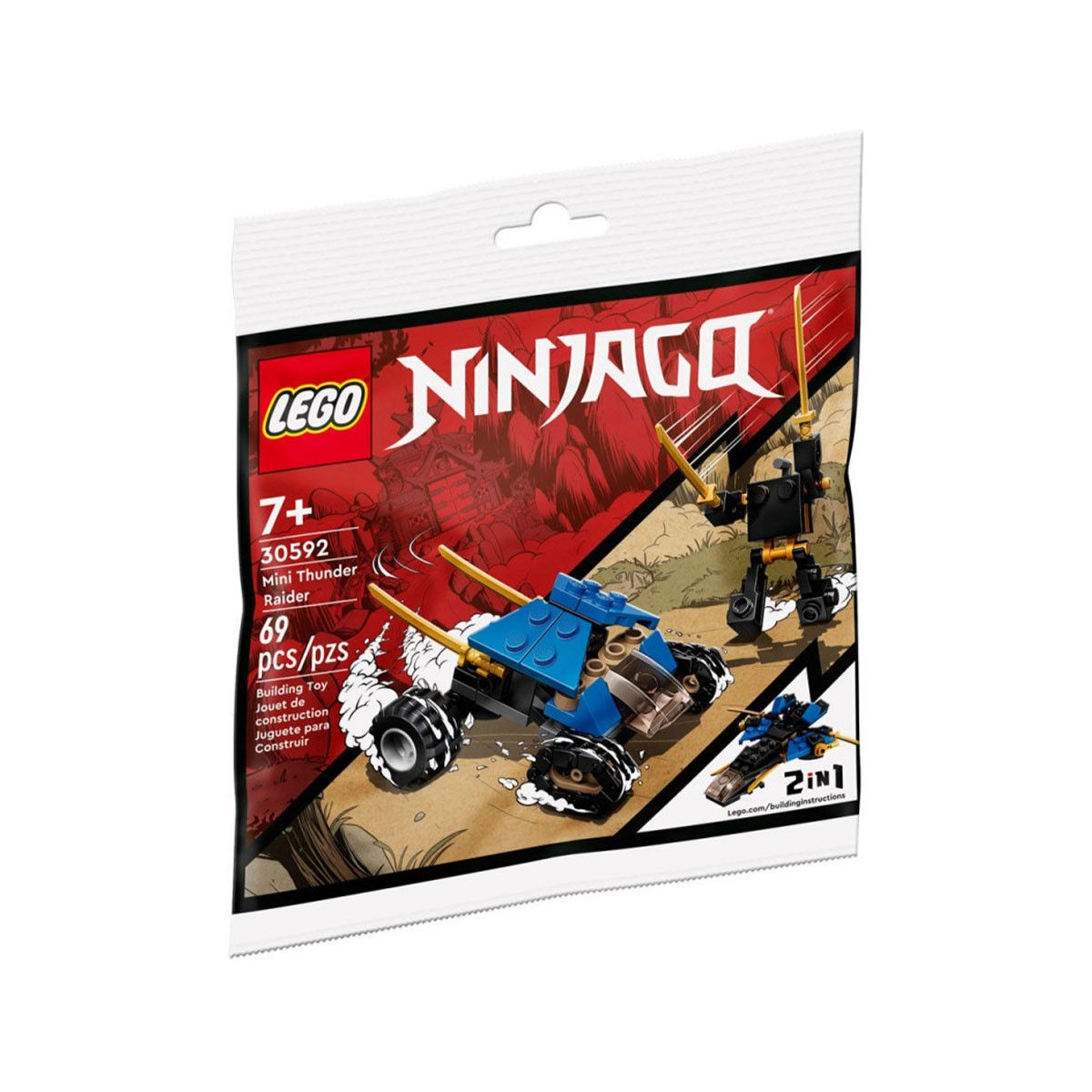 Zestaw Lego Ninjago w woreczku. Pokazuje niebieski pojazd i czarnego robota.