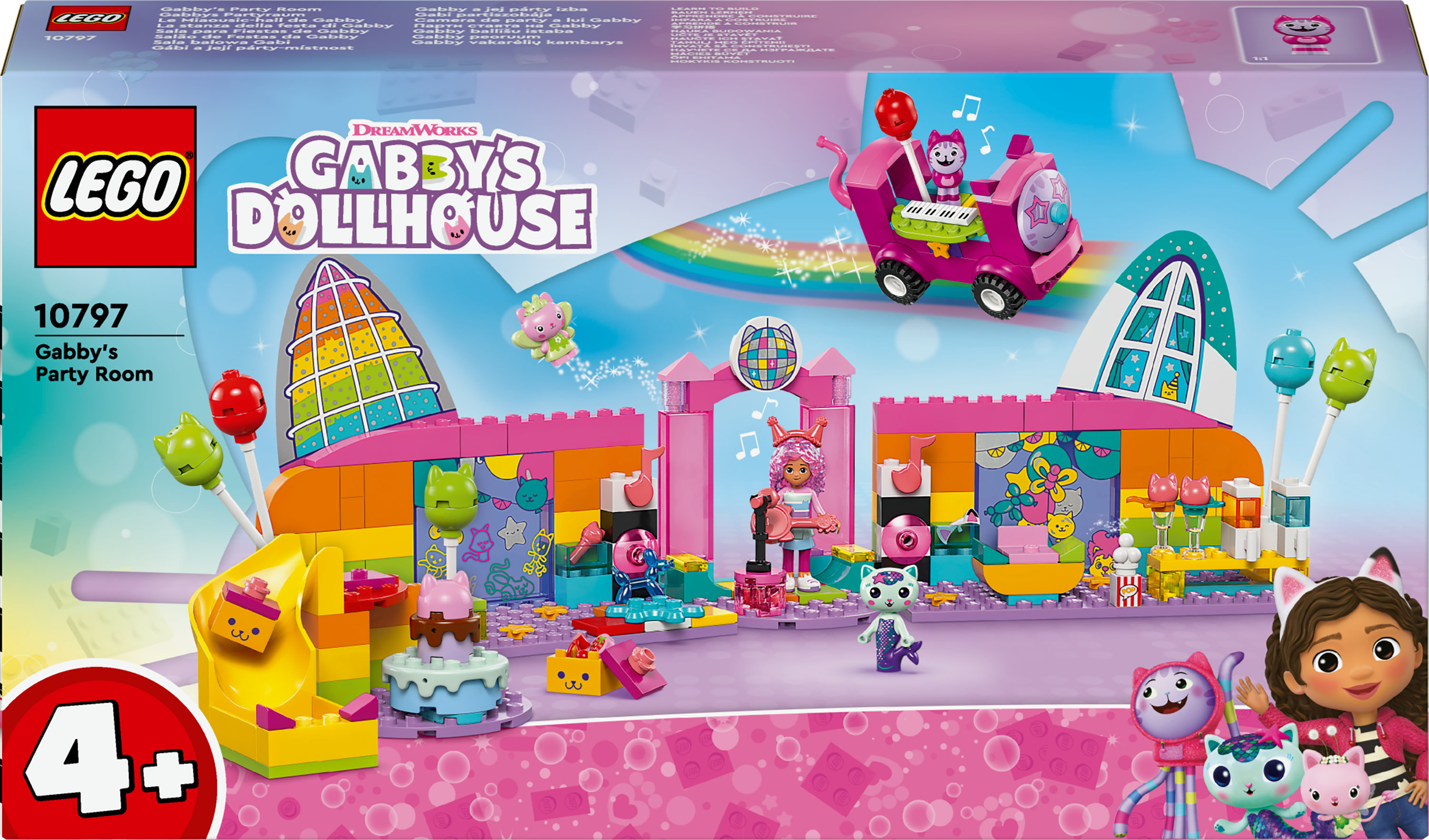 Bir Lego Gabby's Dollhouse set kutusu, çizgi film karakterleri ve renkli süslemelerle bir parti odası gösteriyor.