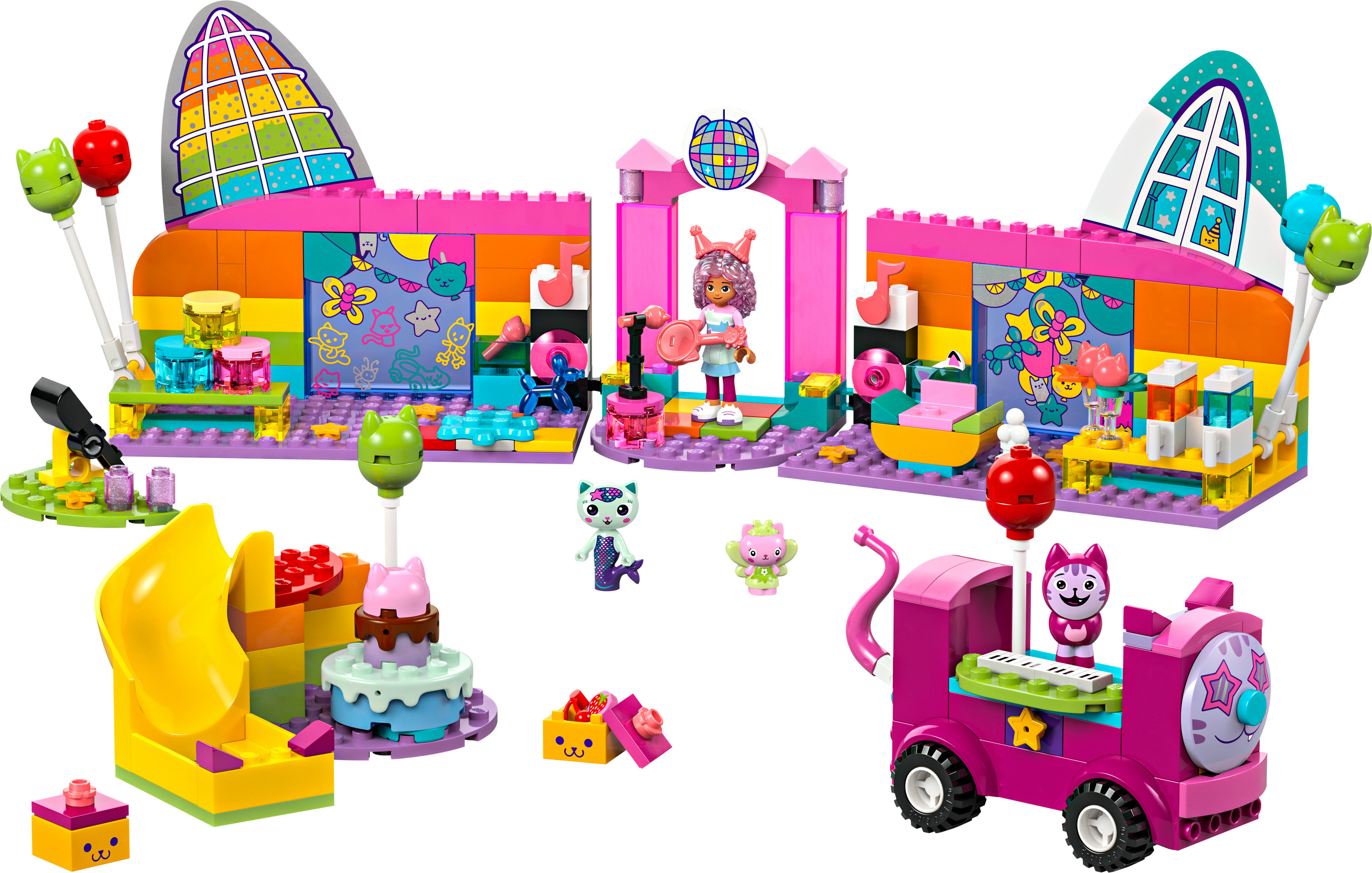 Renkli sahne, karakterler ve piyanolu bir araç içeren Lego Friends seti.