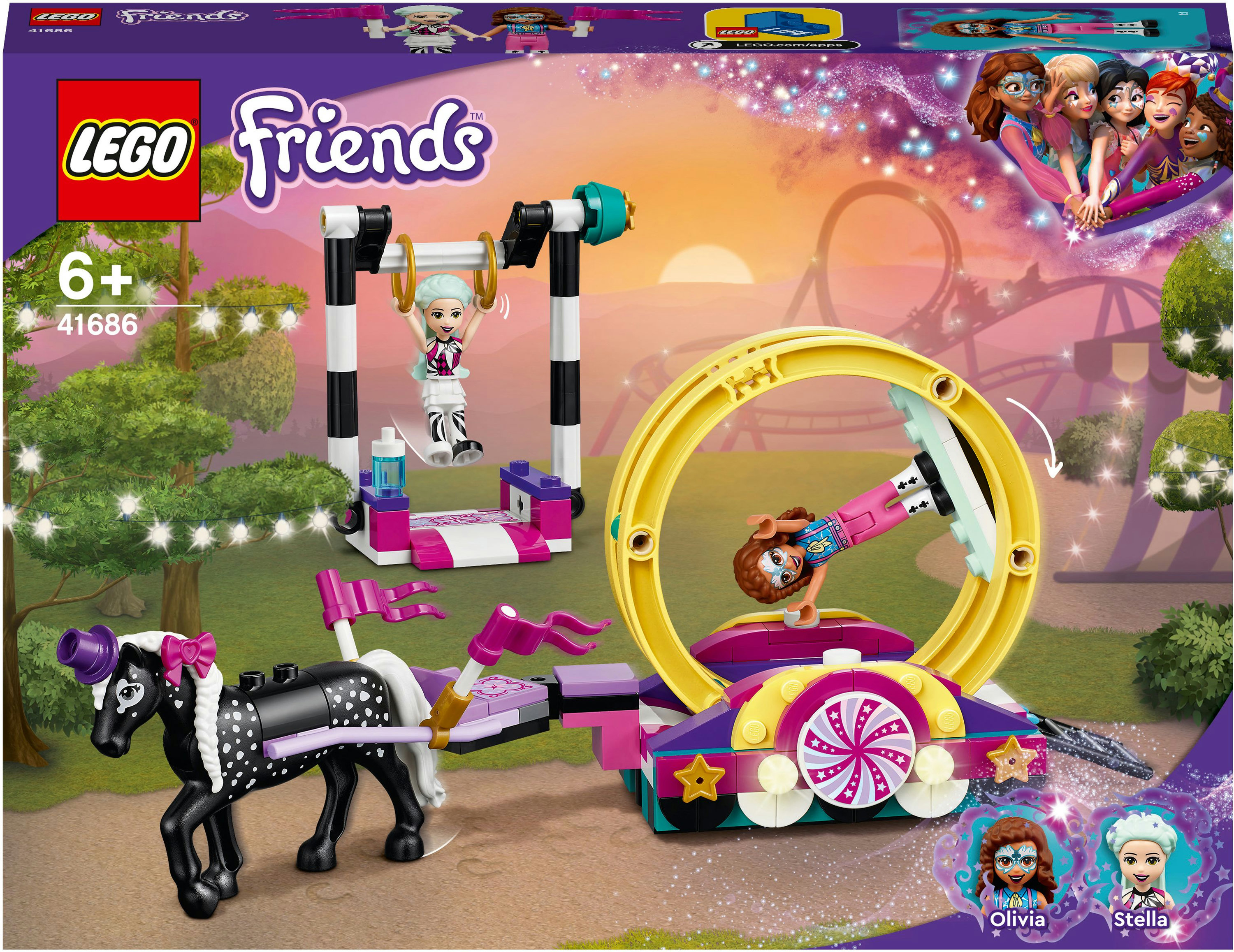 Set LEGO Friends con elementi del circo, tra cui un cavallo, un trapezio e una ruota panoramica.