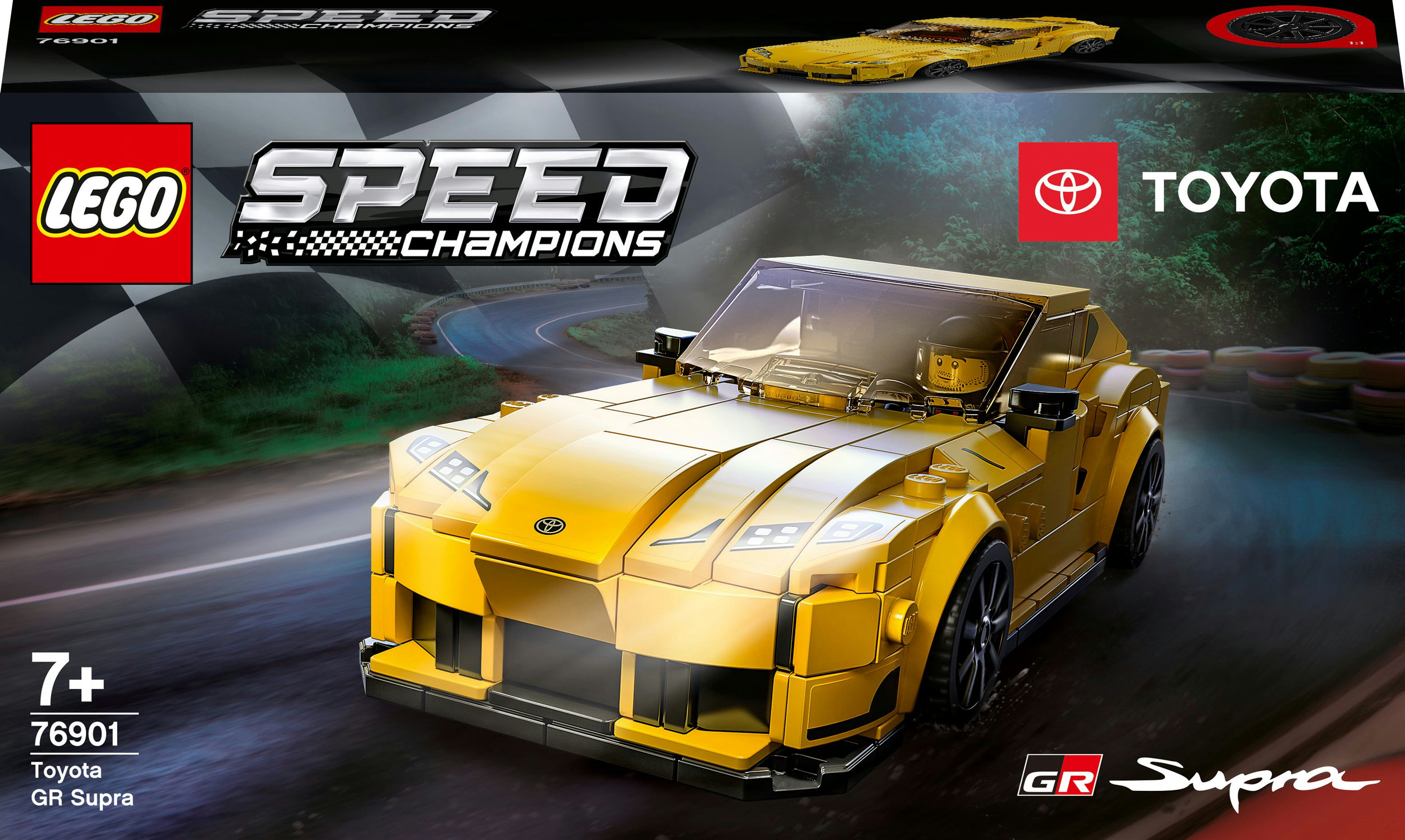 Zestaw Lego Speed Champions. Żółty samochód Toyota GR Supra z czarnymi detalami na torze wyścigowym.