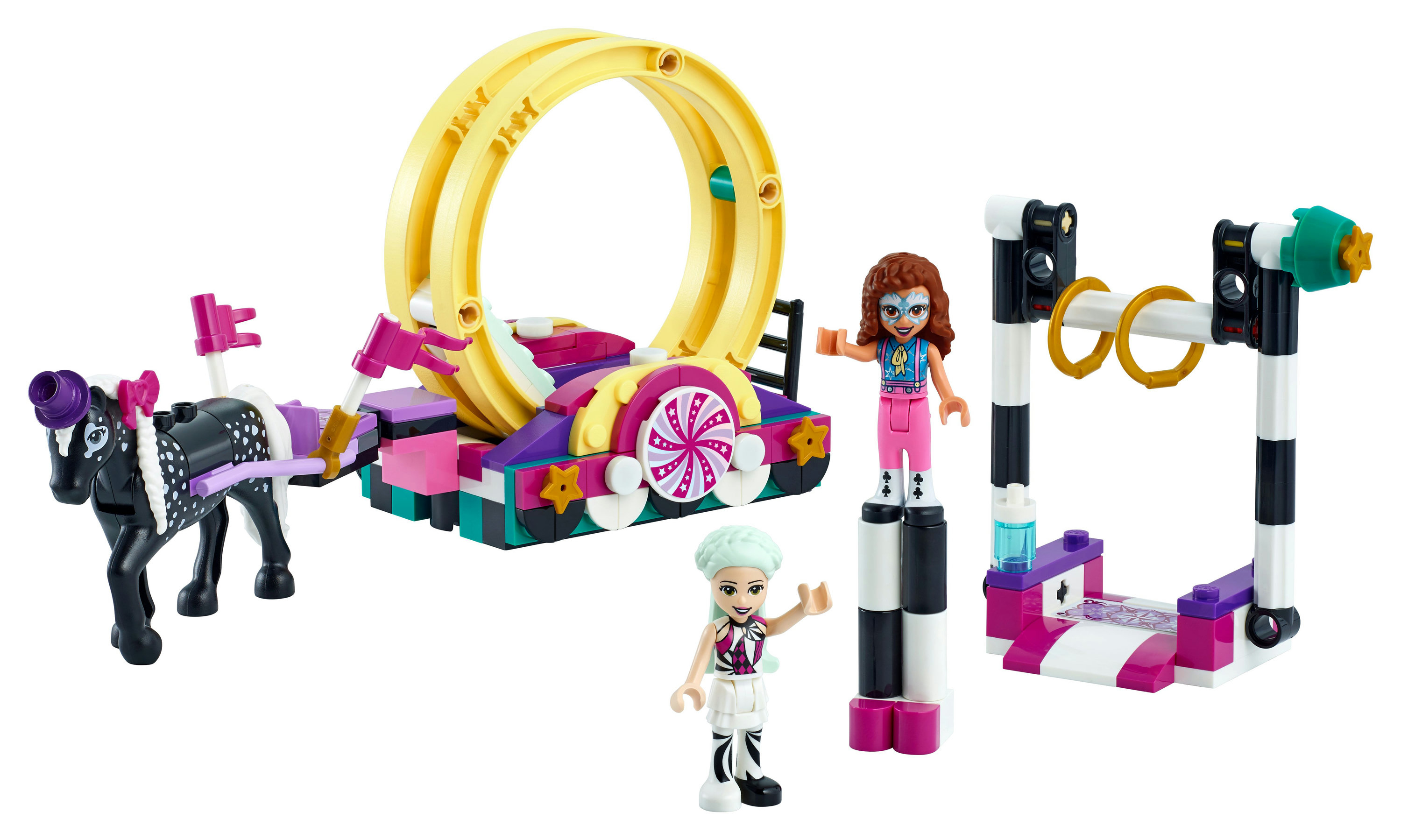 Set circo LEGO Friends con cavallo, anello e personaggi. Sfondo bianco.