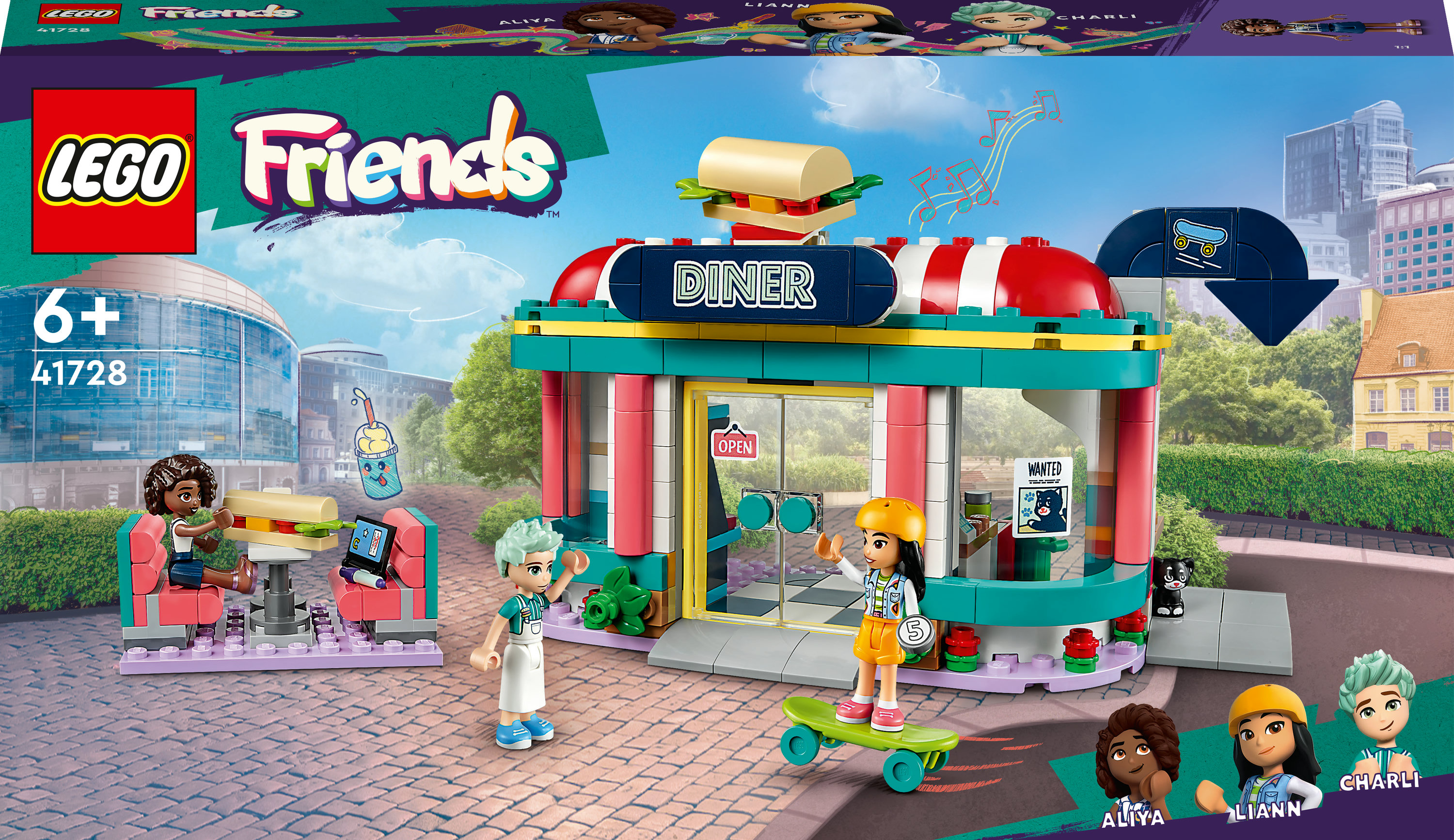 Ein Lego Friends Set mit einem Diner, Minifiguren und einem grünen Roller. Das Set ist bunt.