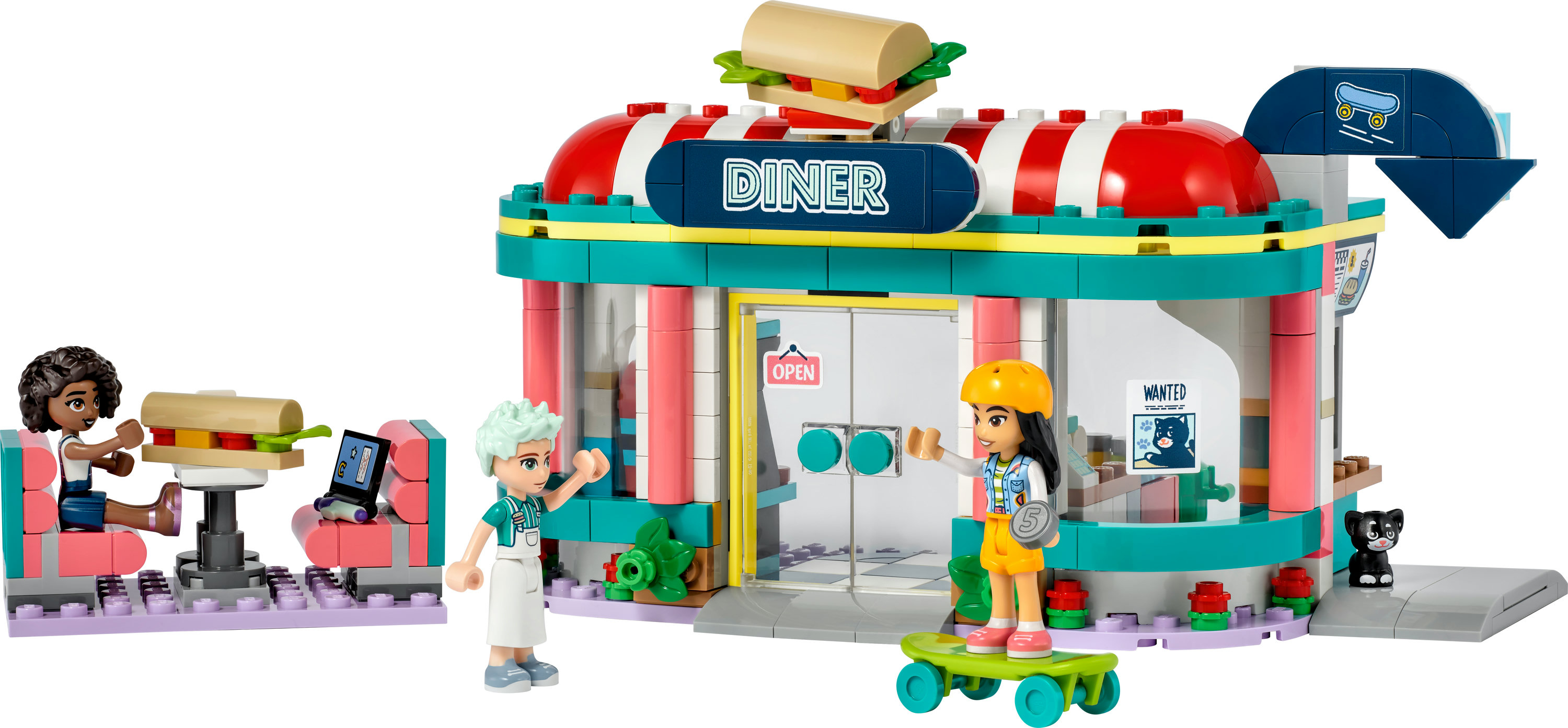 Lego Diner-Set mit Minifiguren. Enthält Diner, Skateboard und ein Sandwich.
