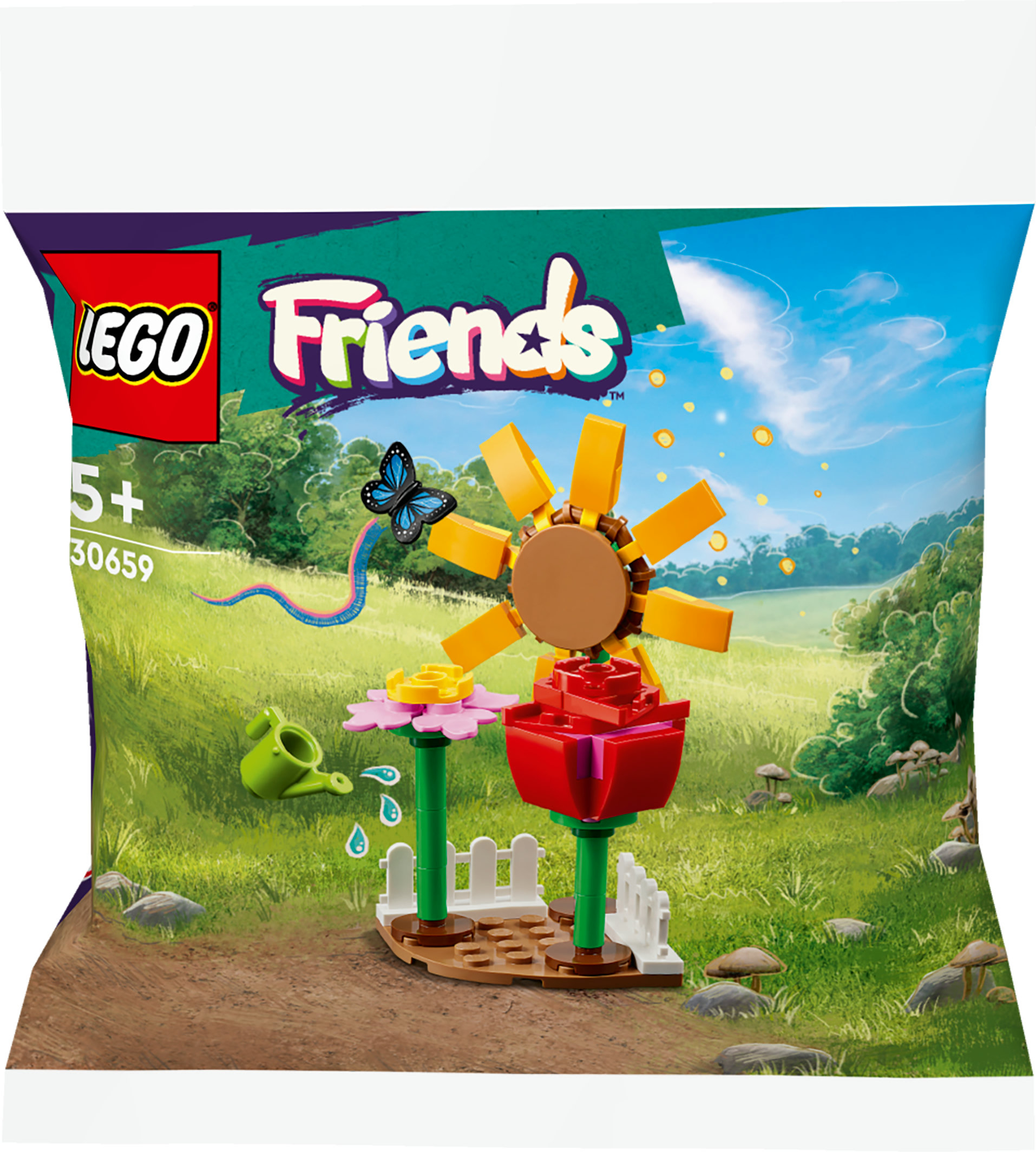 LEGO Friends Set in einer Tüte. Eine Blumen- und Schmetterlingsszene ist auf der Verpackung abgebildet.