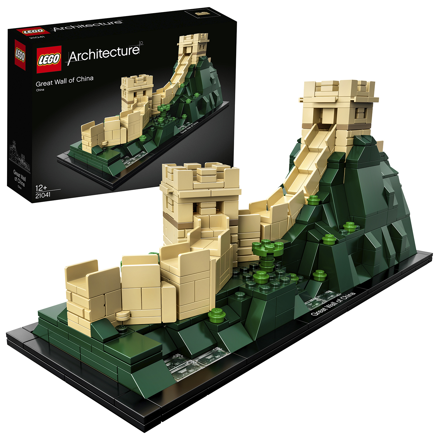 LEGO Architecture Chinesische Mauer: ein Modell der Mauer auf schwarzer Basis, mit einer Box im Hintergrund.