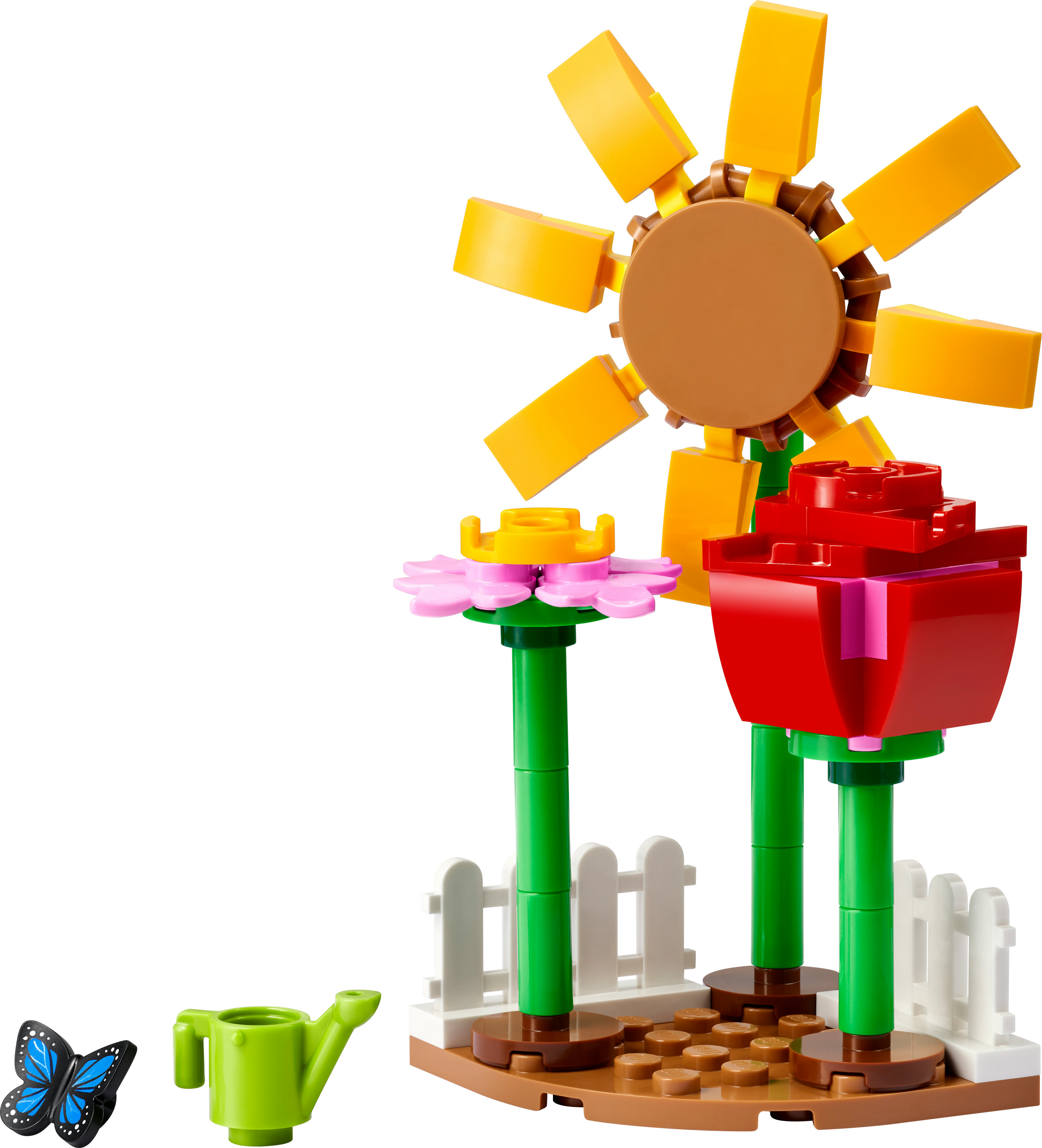 Lego Blumen-Set mit Schmetterling und Gießkanne auf weißem Hintergrund.