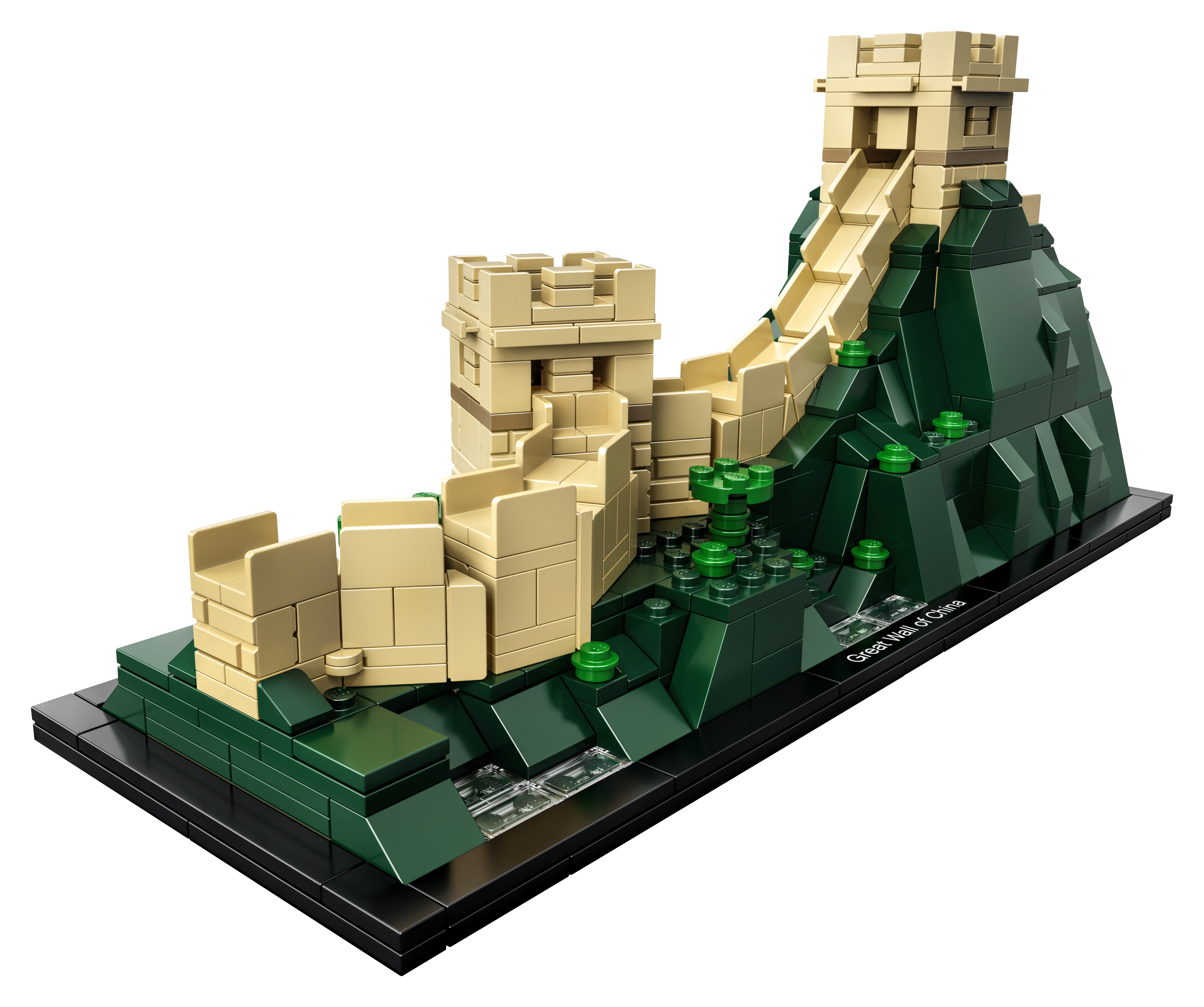Lego-Set, das die Chinesische Mauer darstellt, mit beigefarbenen Mauern und grüner Basis.