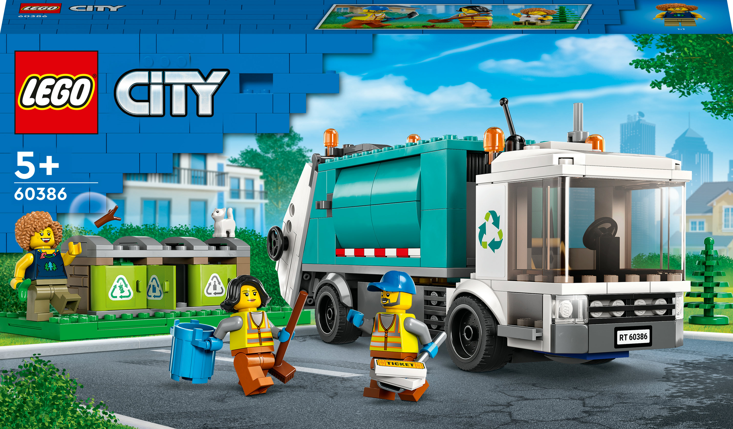 LEGO City Müllwagen-Set. Enthält einen LKW, Minifiguren und Mülltonnen. Stadt und Himmel im Hintergrund.