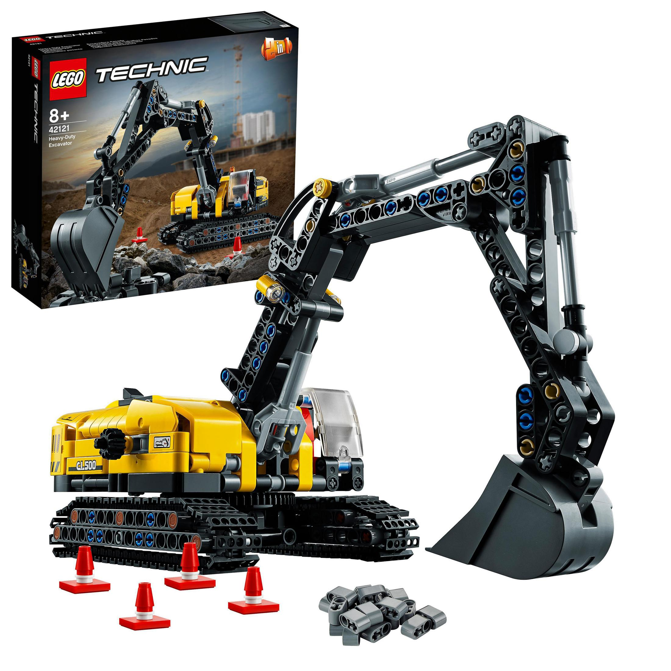 Zestaw Lego Technic koparka, żółto-czarny, ze stożkami drogowymi i grafiką na pudełku.