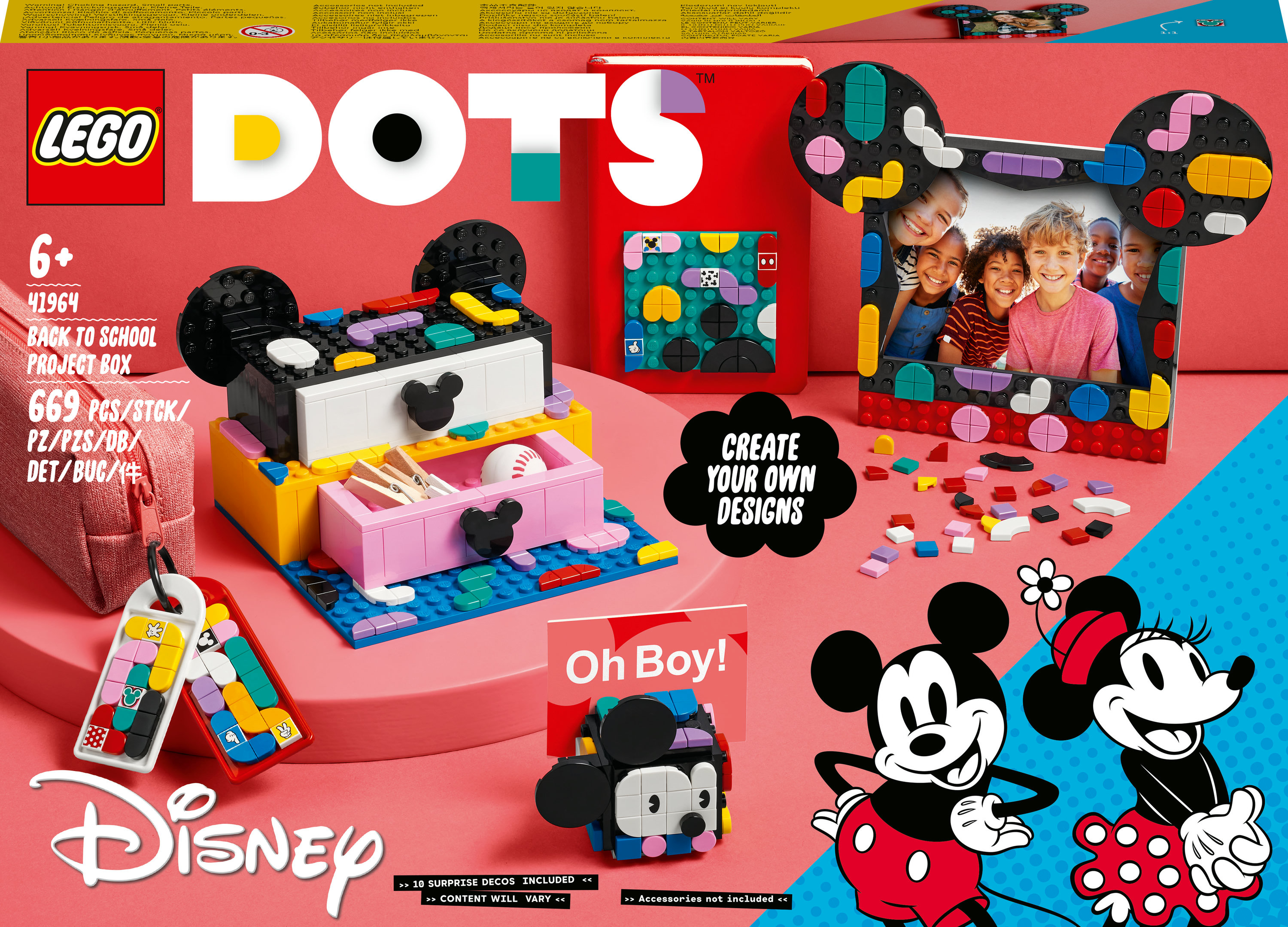Lego Dots box set met Mickey en Minnie Mouse, en diverse creatieve ontwerpen.