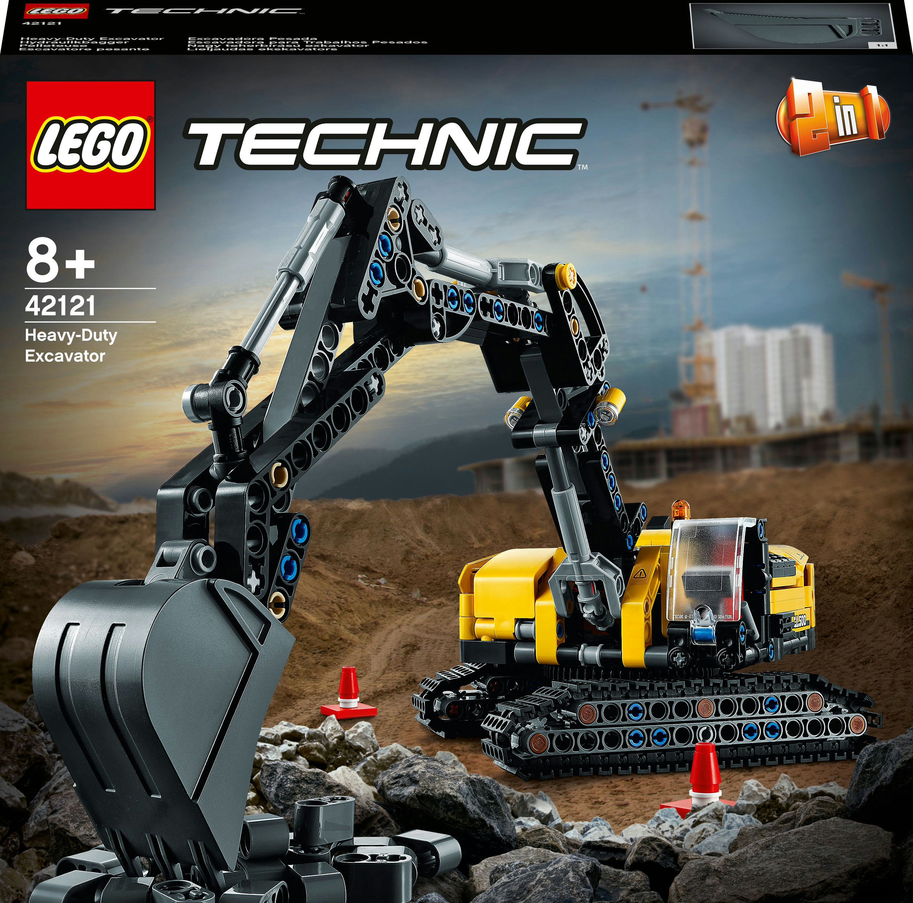 Zestaw koparki LEGO Technic. Zawiera żółto-czarną koparkę z tłem budowlanym.