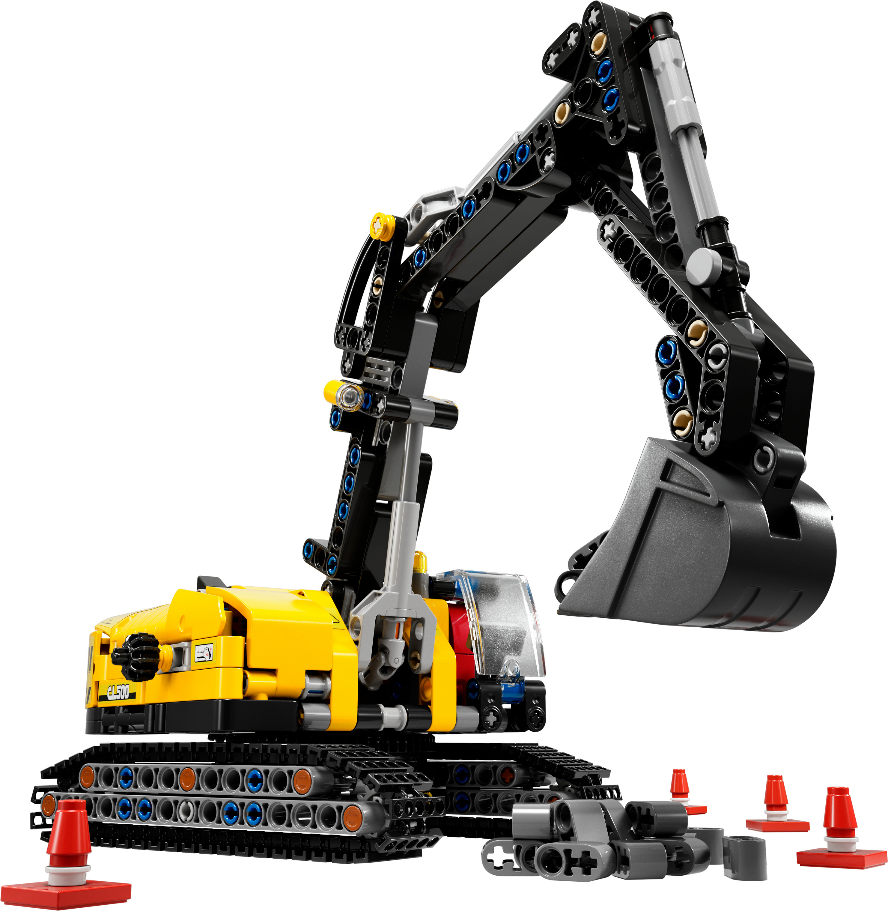 Zestaw Lego Technic Koparka w kolorze żółtym i czarnym. Posiada ruchome ramię, łyżkę i pachołki drogowe.
