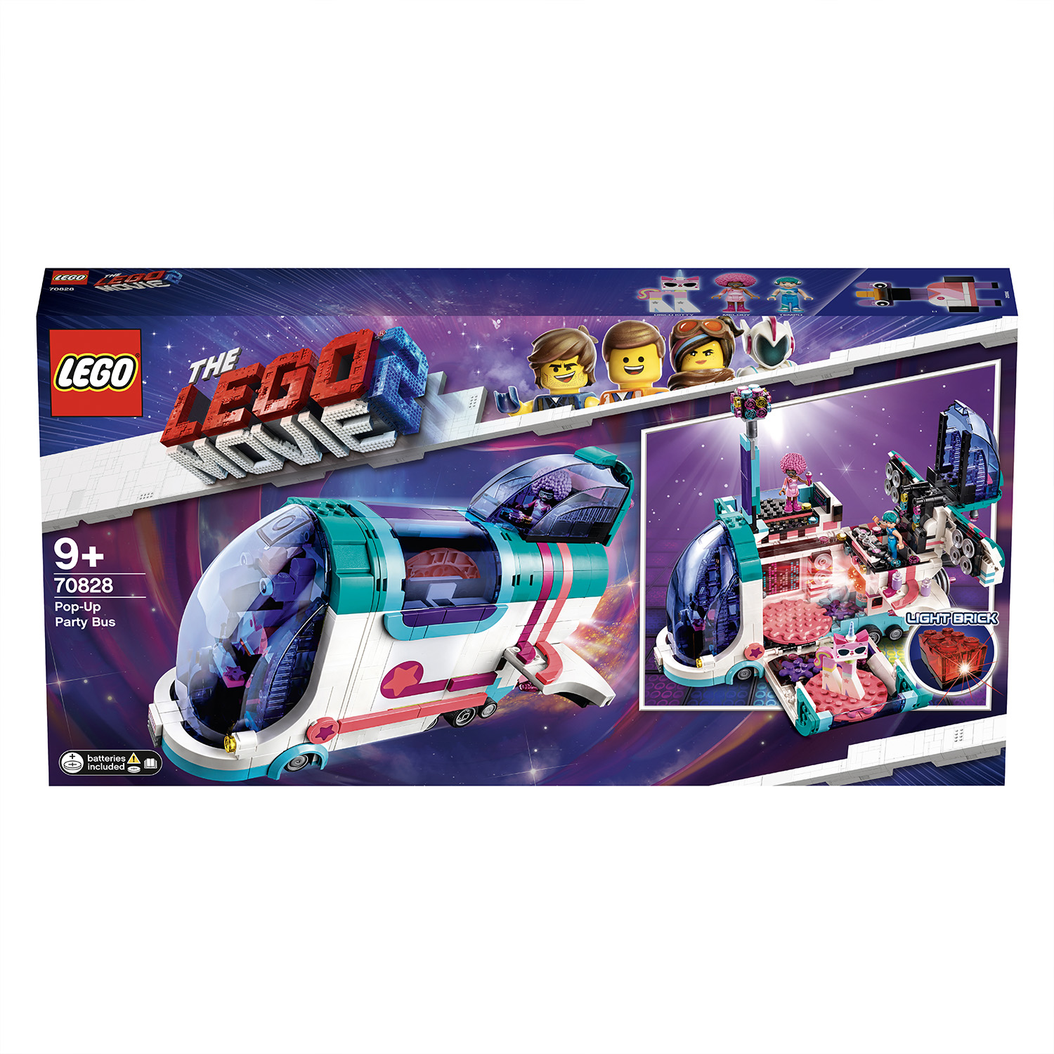 Zestaw Lego Movie Pop-Up Party Bus z figurkami, modelem autobusu z otwartymi i zamkniętymi trybami oraz pudełkiem.