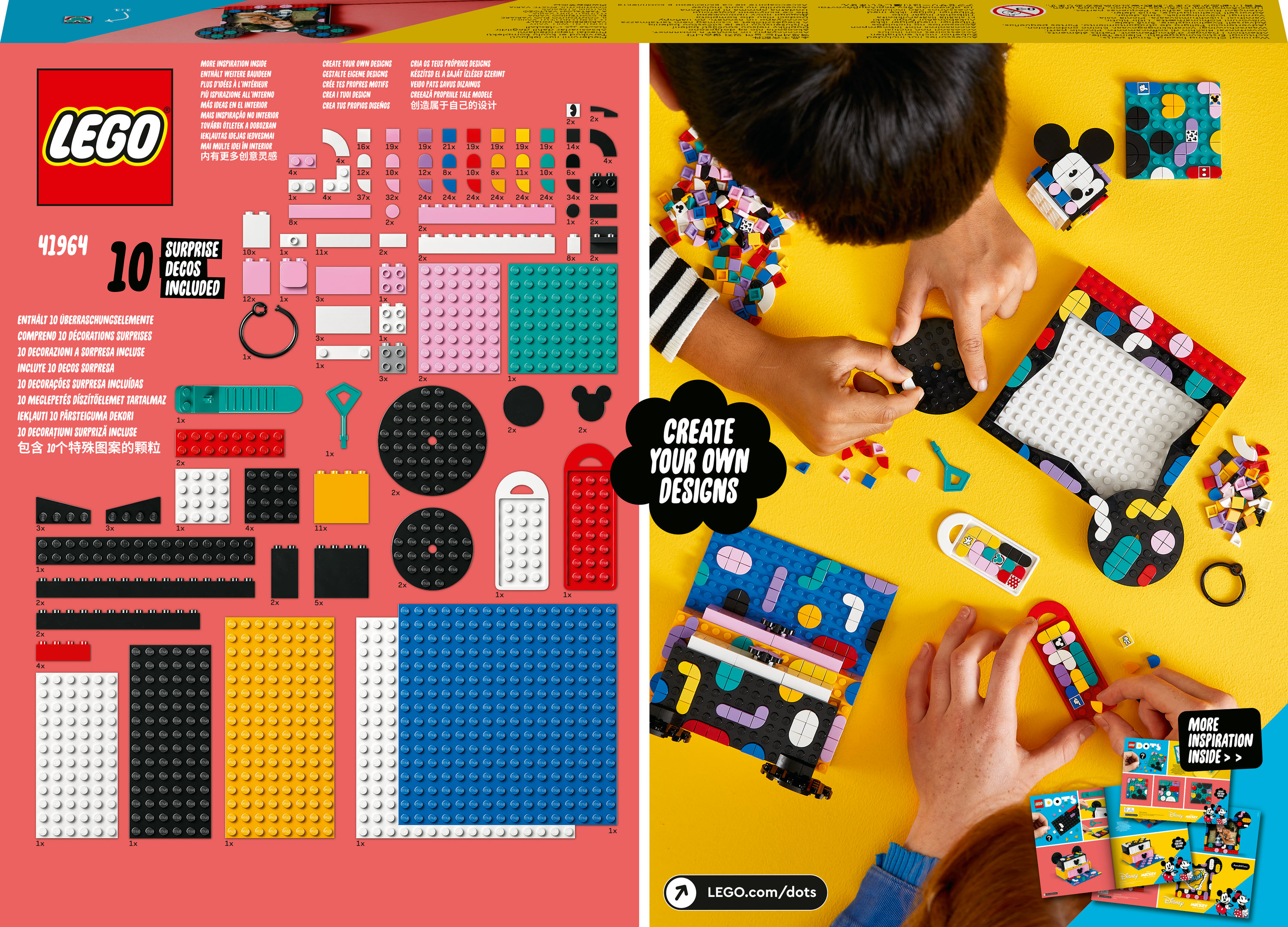 LEGO Dots set met diverse kleurrijke stukken en een frame met een Mickey Mouse ontwerp.