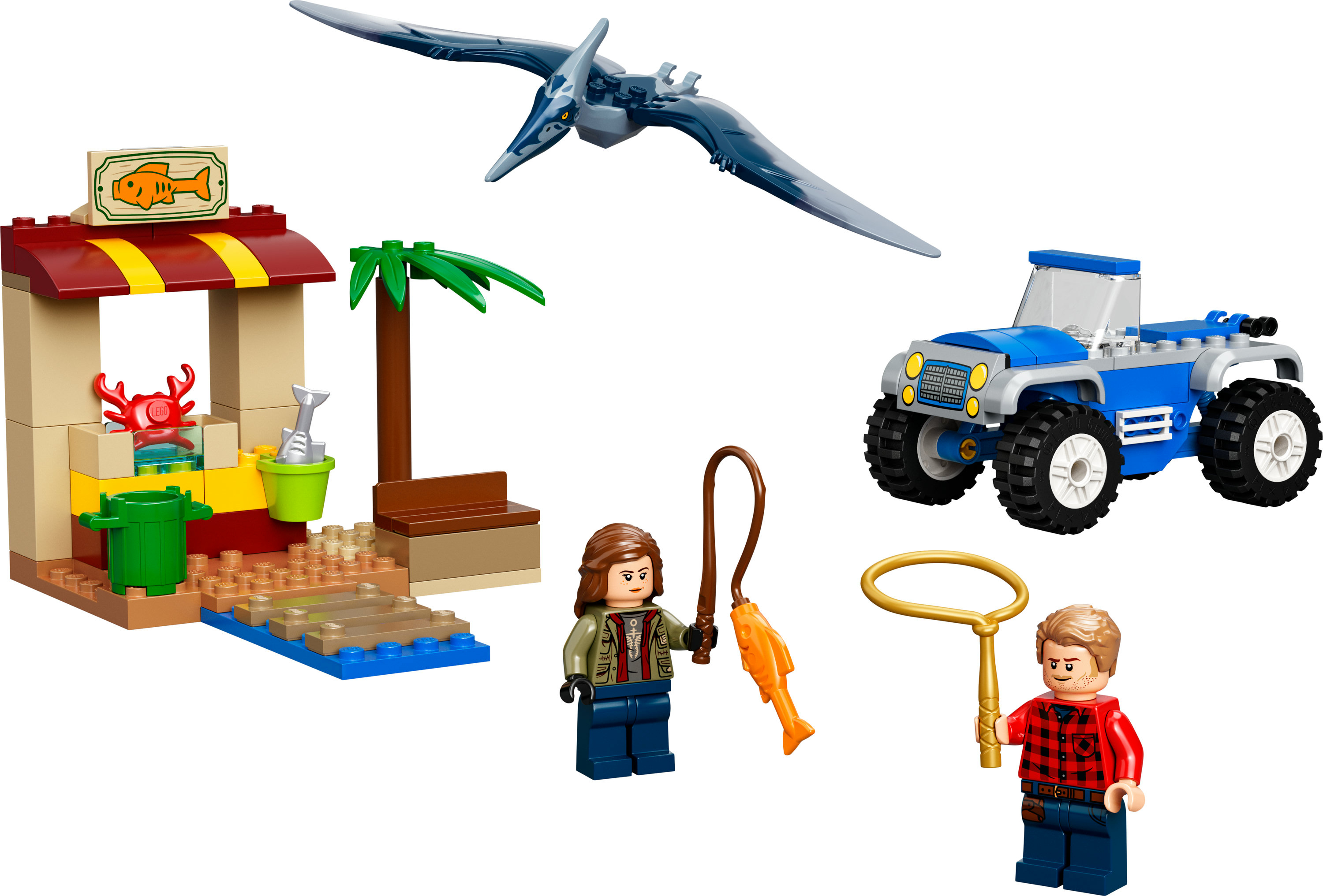 Bir balıkçı dükkanı, bir kamyon ve insan ve dinozor minifigürleri ile Lego sahnesi.