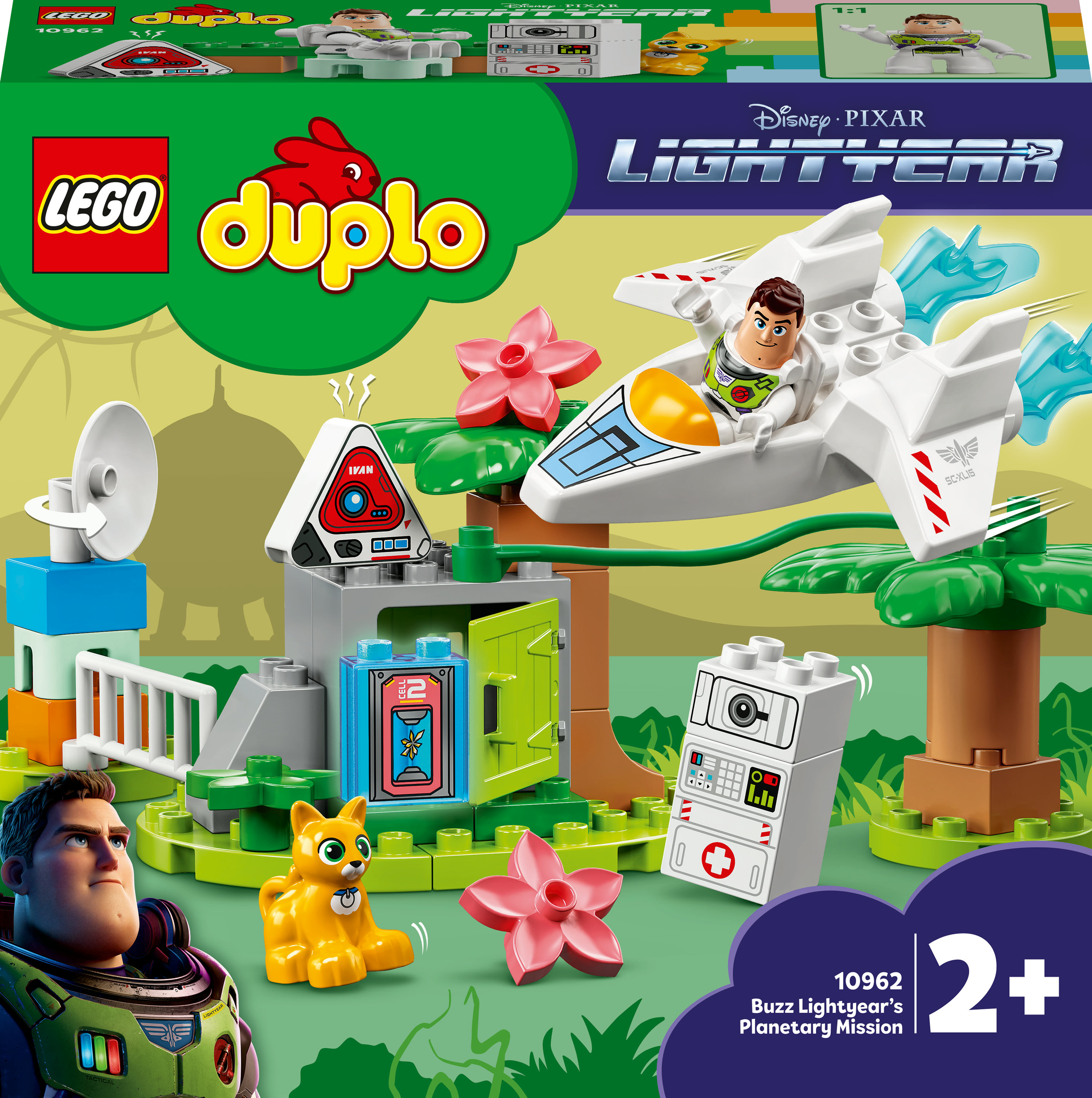 Lego Duplo Set-Box. Buzz Lightyear Raumschiff und Figuren mit Katze auf grüner Basis.