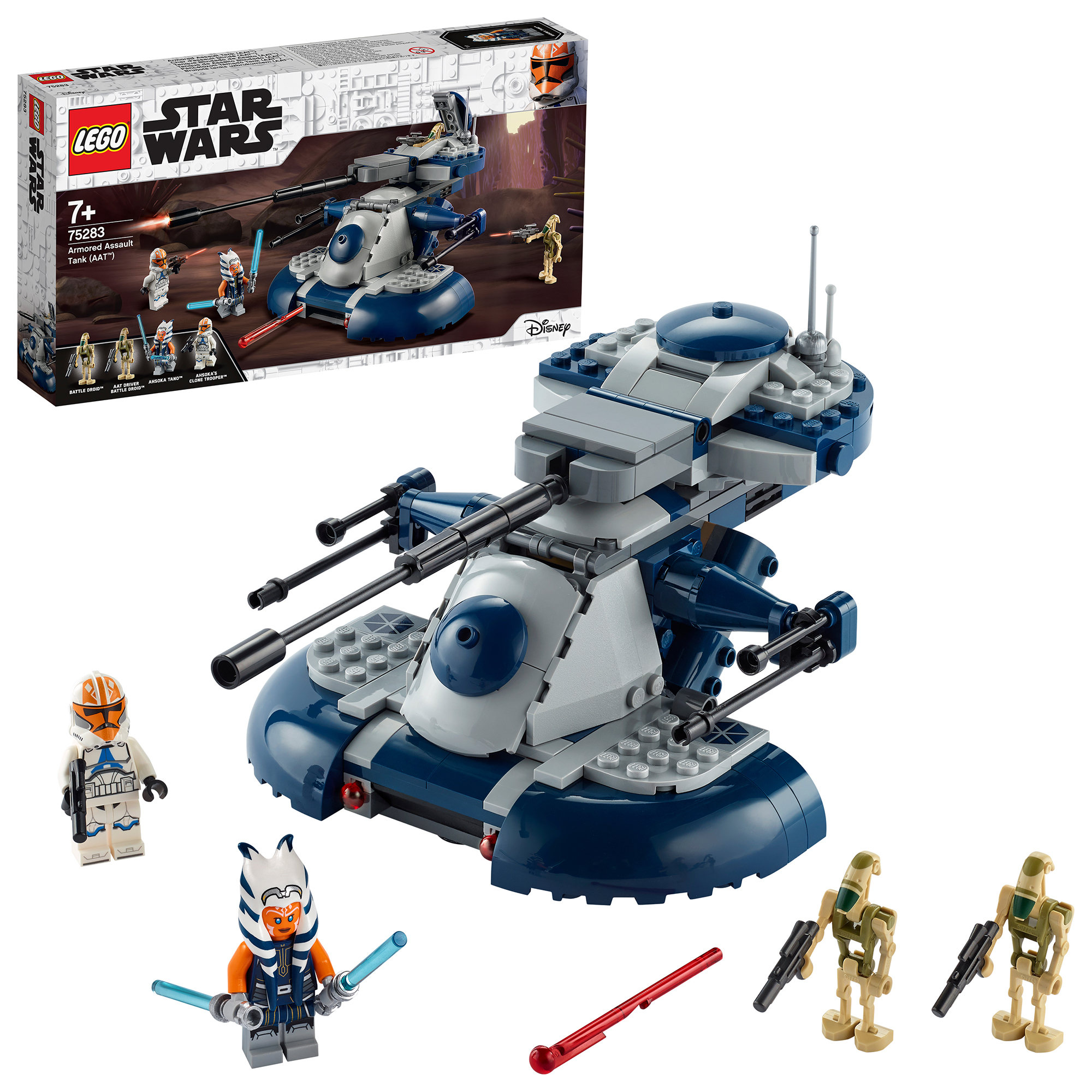 Lego Star Wars set box. Blue and gray vehicle and figures of clone troopers and droids.