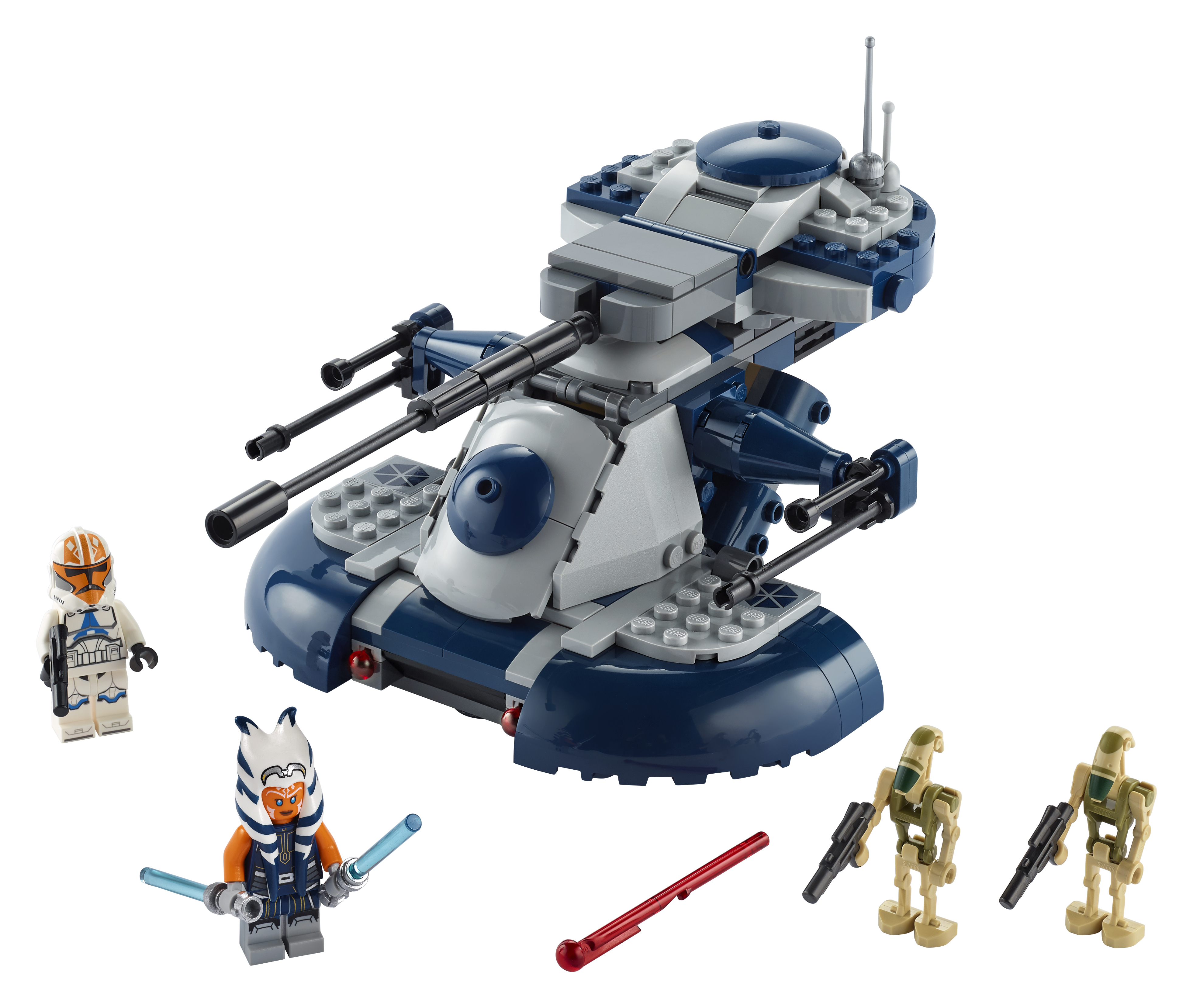 LEGO Star Wars set. A blue and gray tank with cannons, and several minifigures. White background.