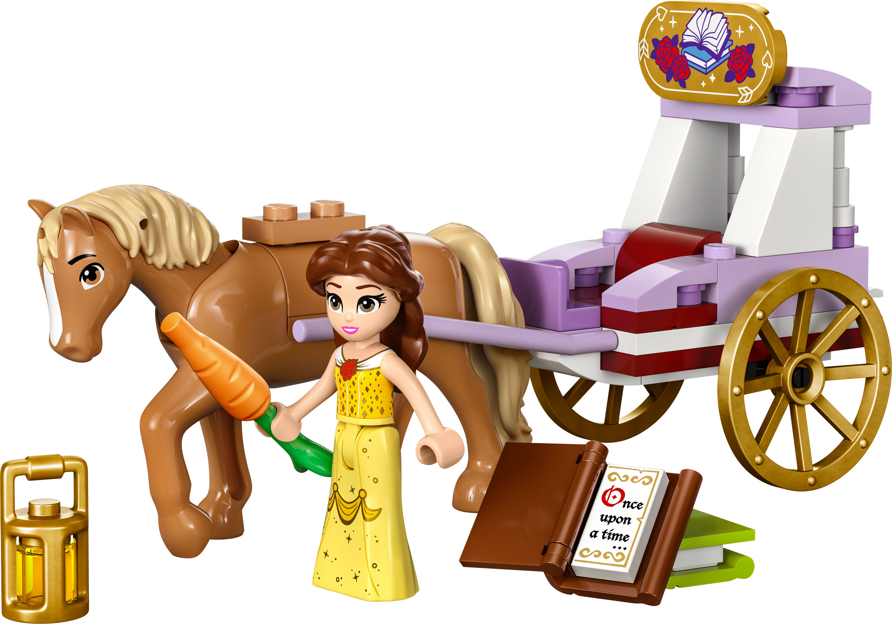 Ein LEGO-Set mit Belle, ihrem Pferd, Kutsche und Zubehör wie einer Laterne.